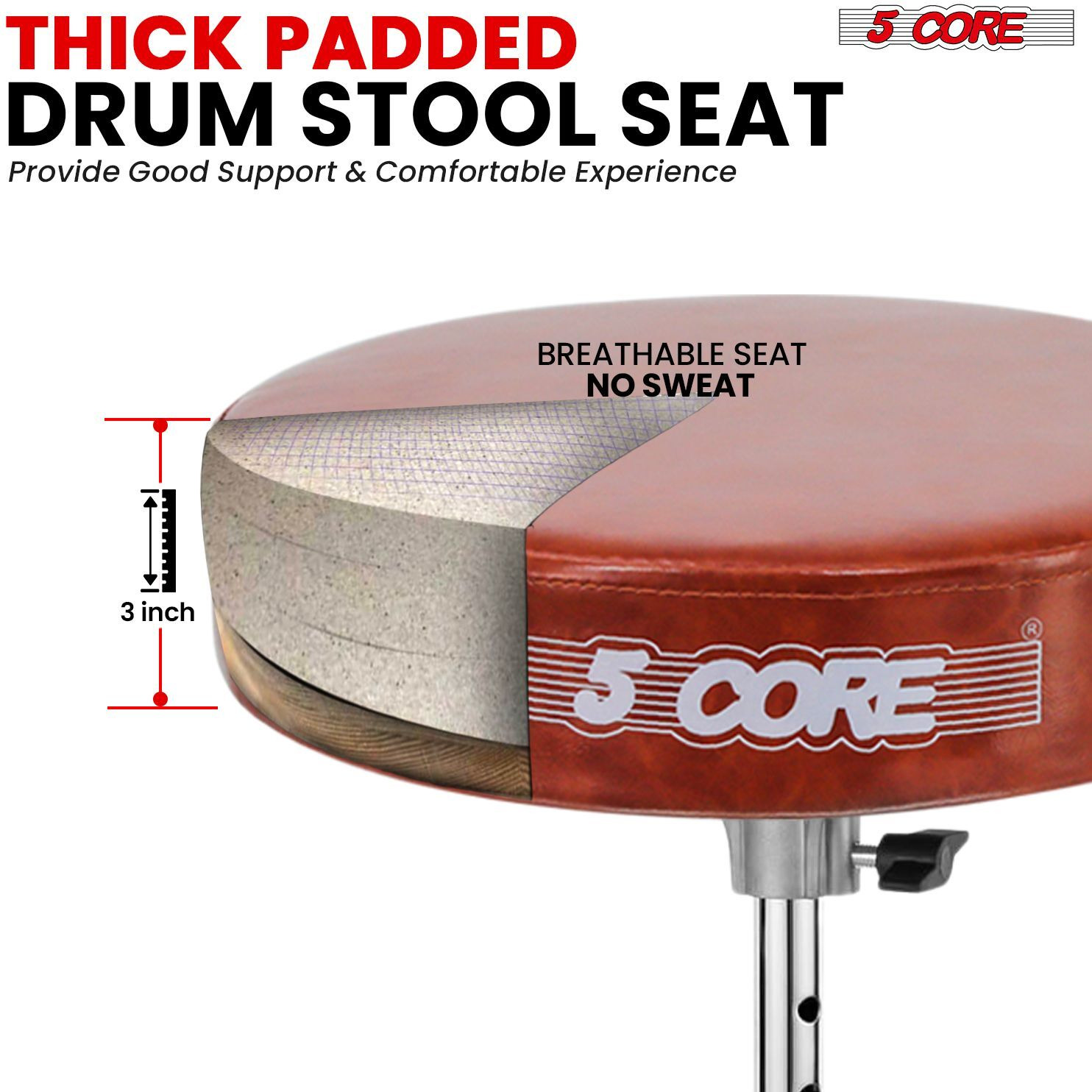 5 CORE Drum Throne Padded Guitar Stool Height Adjustable Music Chair Seat Universal for Adults & Kids with Anti Slip Rubber Feet - DS BLKCH CML BR