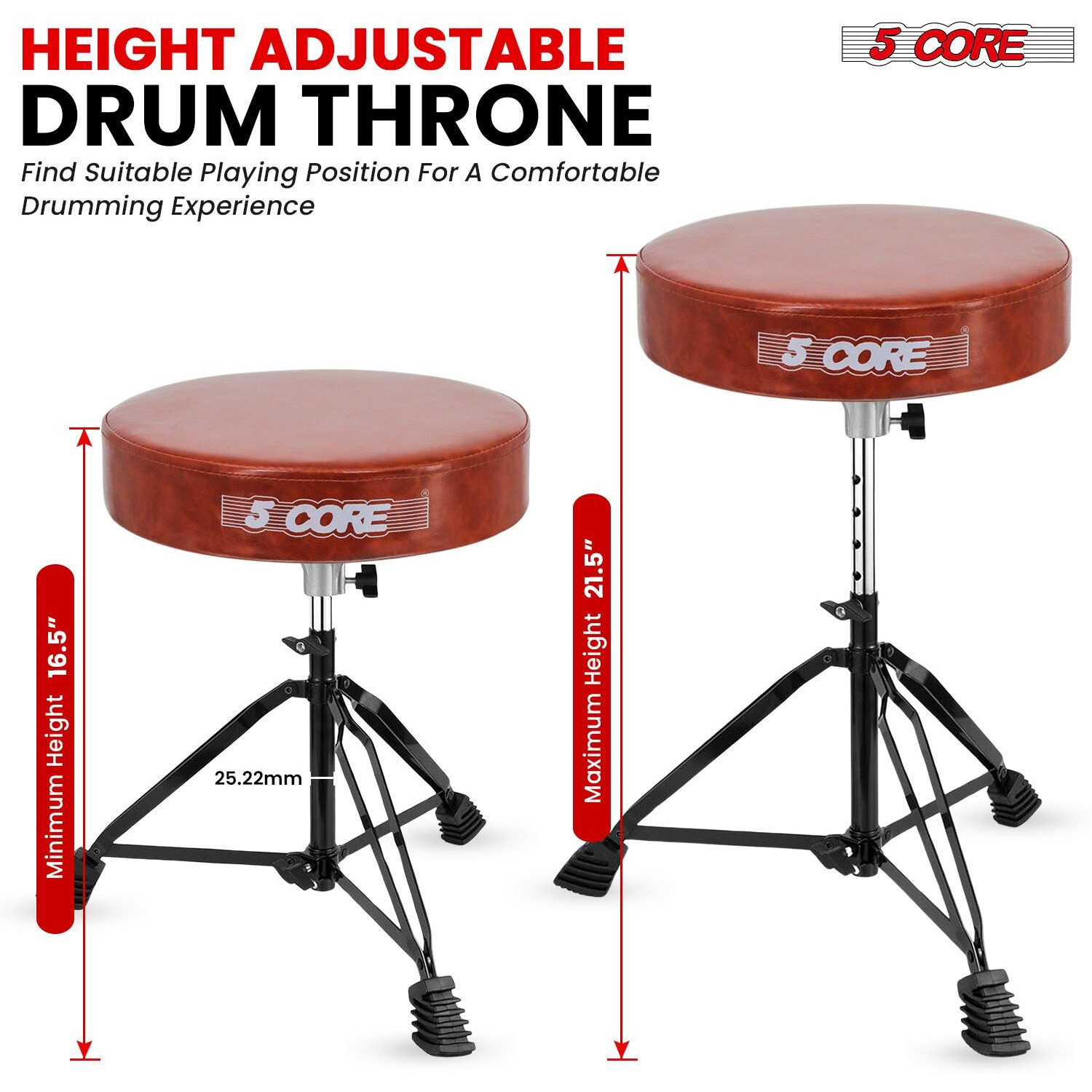 5 CORE Drum Throne Padded Guitar Stool Height Adjustable Music Chair Seat Universal for Adults & Kids with Anti Slip Rubber Feet - DS BLKCH CML BR