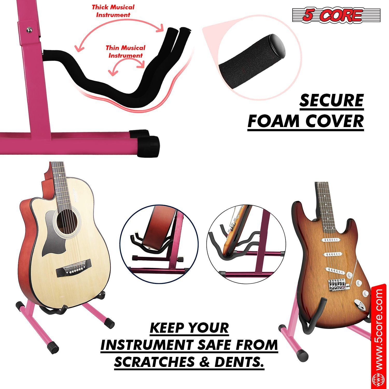 5 CORE Double Guitar Stand Floor 2Pcs Adjustable Heavy Duty A Frame Universal Folding Acoustic Electric Bass Mandolin Banjo Violin Holder Stands For On Stage Studio - GSS BPNK 2PCS