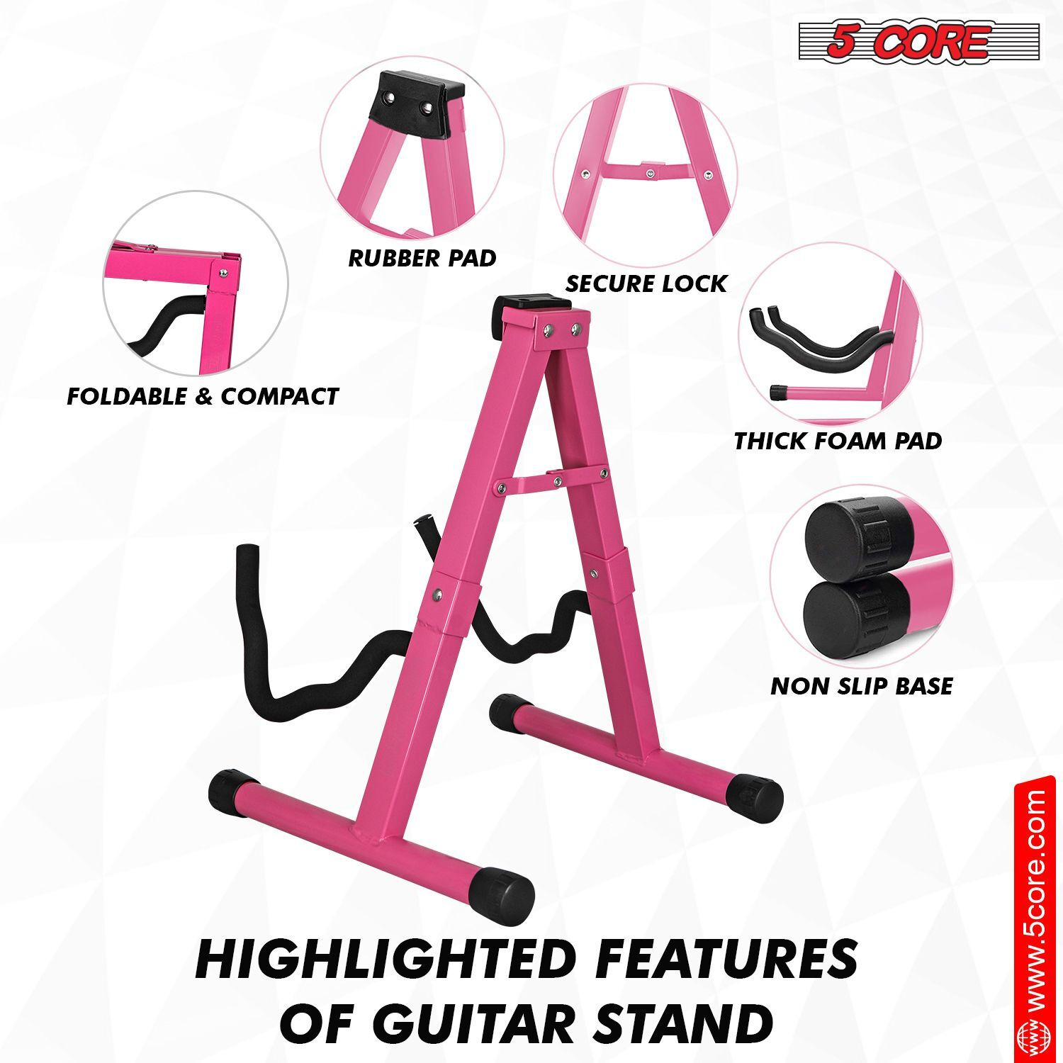 5 CORE Double Guitar Stand Floor 2Pcs Adjustable Heavy Duty A Frame Universal Folding Acoustic Electric Bass Mandolin Banjo Violin Holder Stands For On Stage Studio - GSS BPNK 2PCS