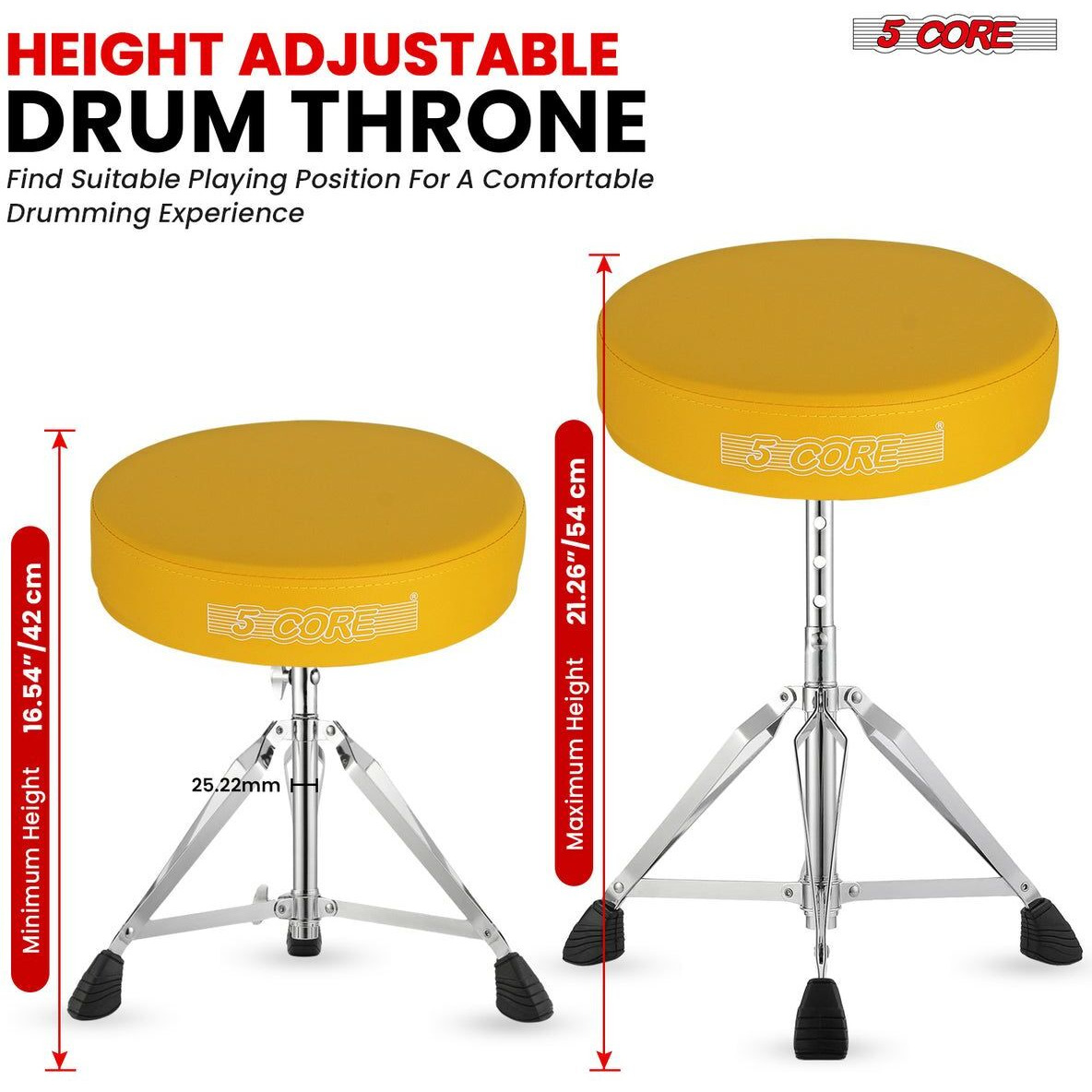 5 CORE Drum Throne Padded Guitar Stool Height Adjustable Music Chair Seat Universal for Adults & Kids with Anti Slip Rubber Feet - DS CH YLW