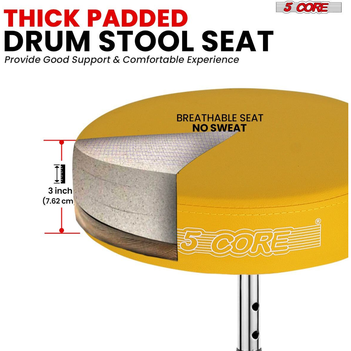 5 CORE Drum Throne Padded Guitar Stool Height Adjustable Music Chair Seat Universal for Adults & Kids with Anti Slip Rubber Feet - DS CH YLW
