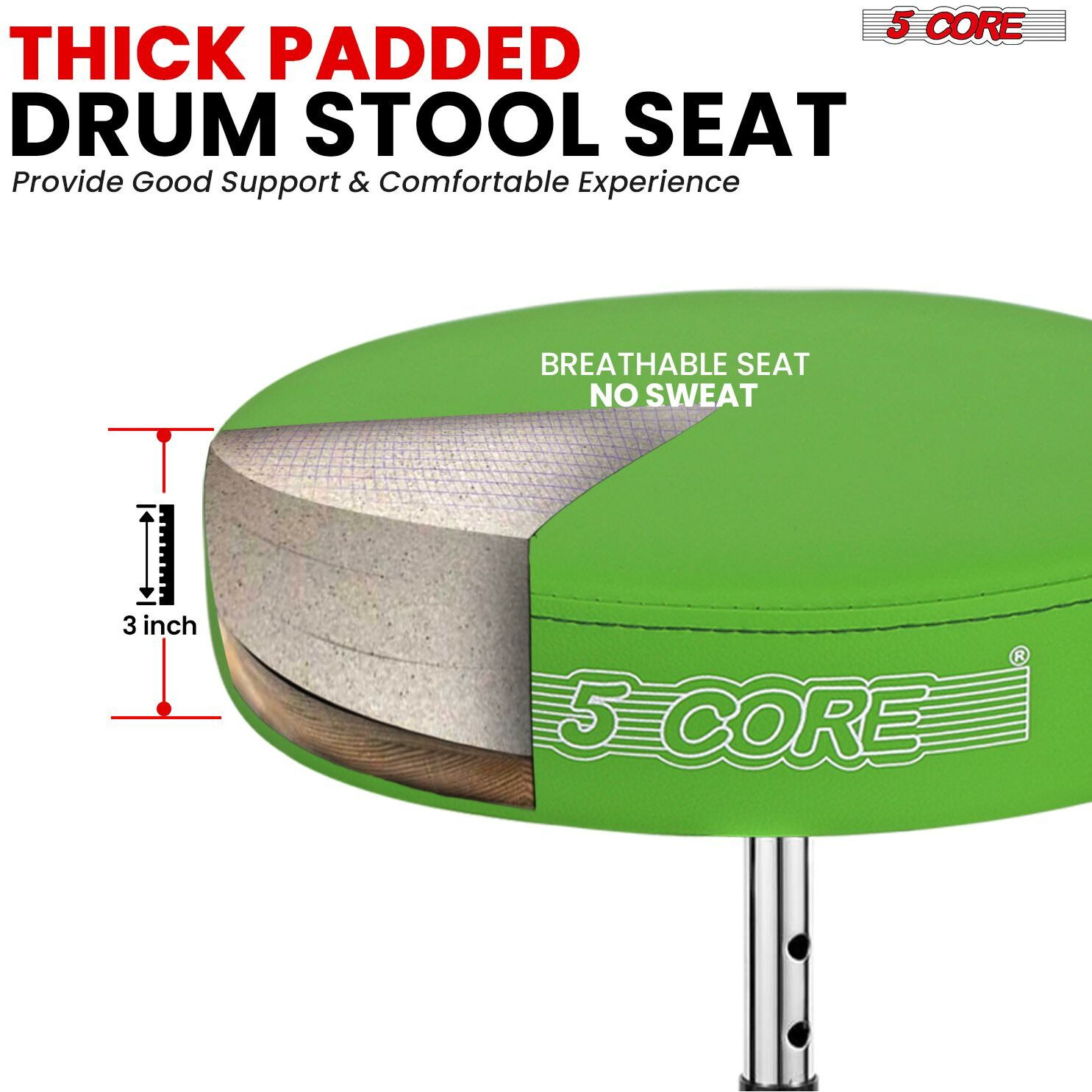 5 CORE Drum Throne Padded Guitar Stool Height Adjustable Music Chair Seat Universal for Adults & Kids with Anti Slip Rubber Feet - DS CH GR