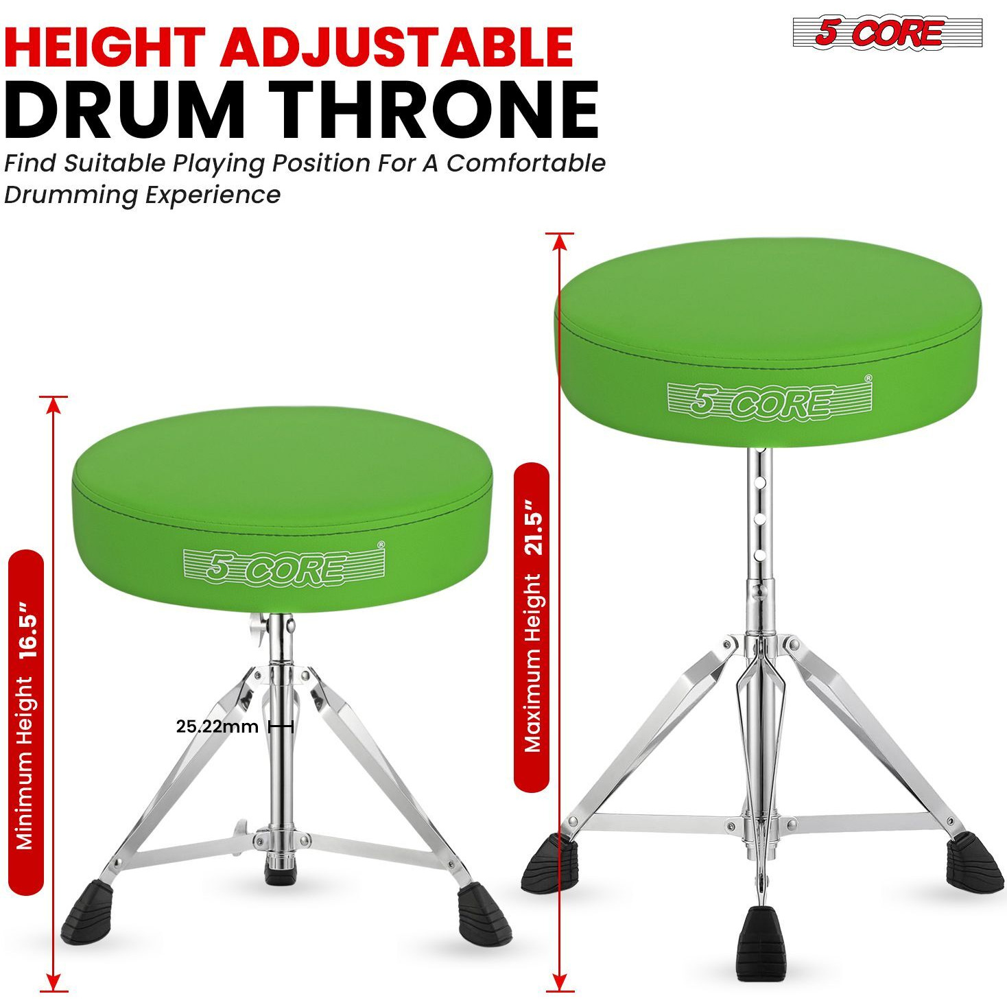 5 CORE Drum Throne Padded Guitar Stool Height Adjustable Music Chair Seat Universal for Adults & Kids with Anti Slip Rubber Feet - DS CH GR