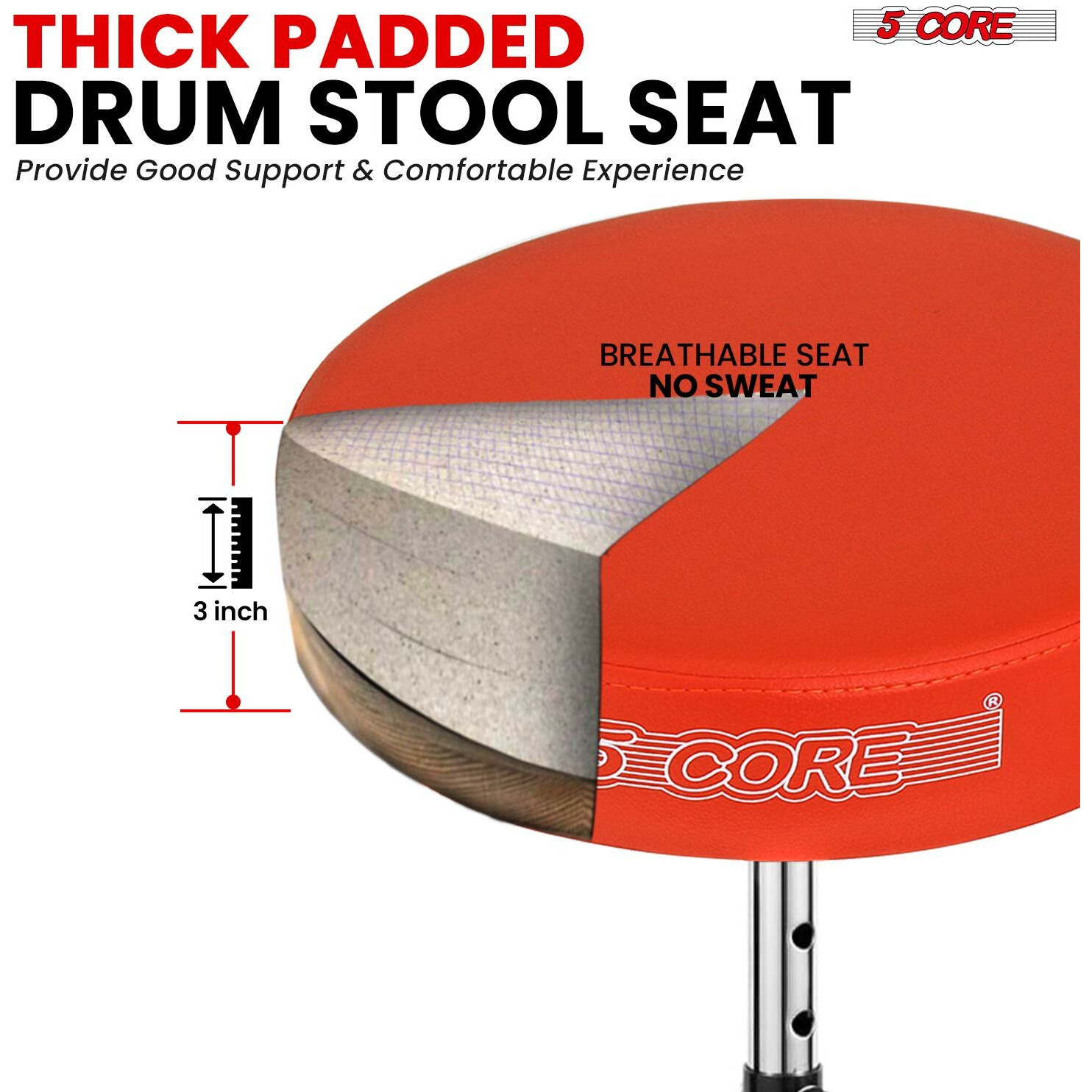 5 CORE Drum Throne Padded Guitar Stool Height Adjustable Music Chair Seat Universal for Adults & Kids with Anti Slip Rubber Feet - DS CH ORG