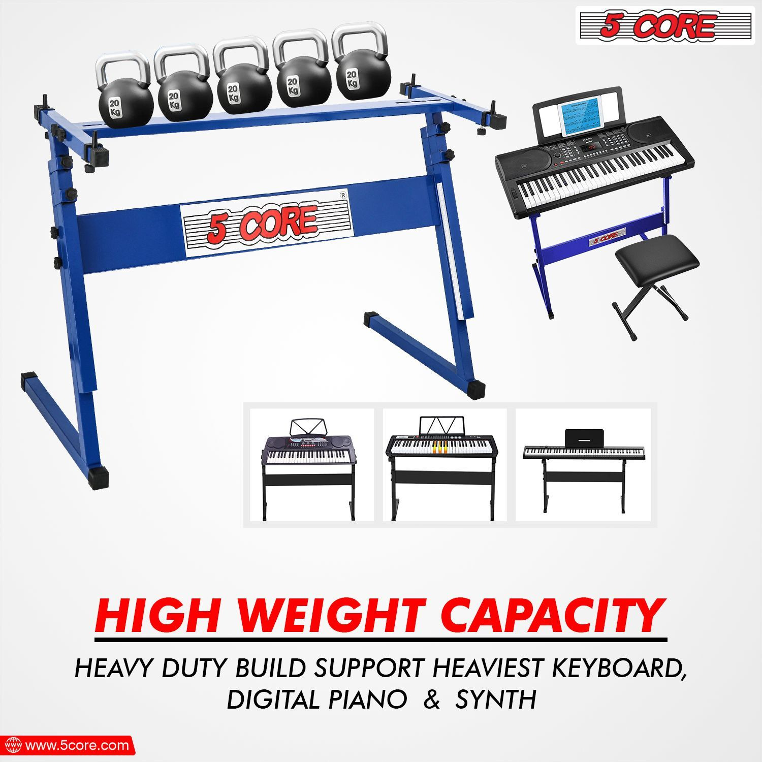 5 CORE Keyboard Stand Z Style Adjustable Electric Piano Riser Foldable & Sturdy Lift Holder For 54 61 Keys Instruments Blue - KS Z1 BLU
