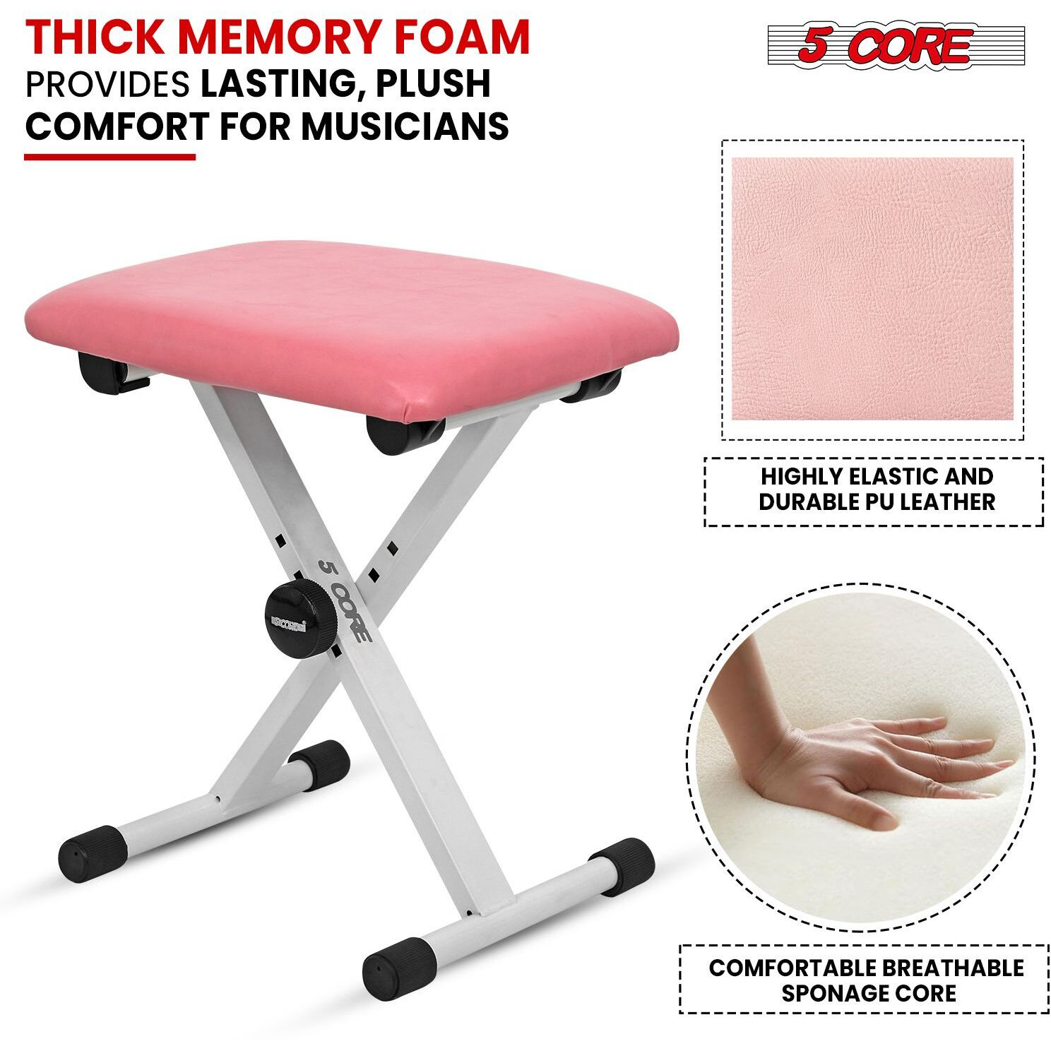 5 CORE Keyboard Bench Pair X Style Piano Stool Thick Padded 12 to 18.5 inch Adjustable Keyboards Chair Pink KBB02PNK