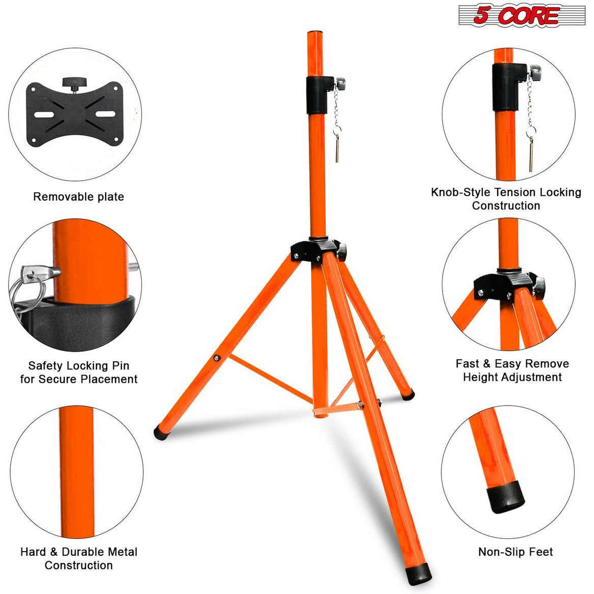 5 Core Speaker Stand Tripod Floor Tall Adjustable Up to 72 Inch DJ Studio Monitor Stands Pole Mount - SS ECO ORG WOB