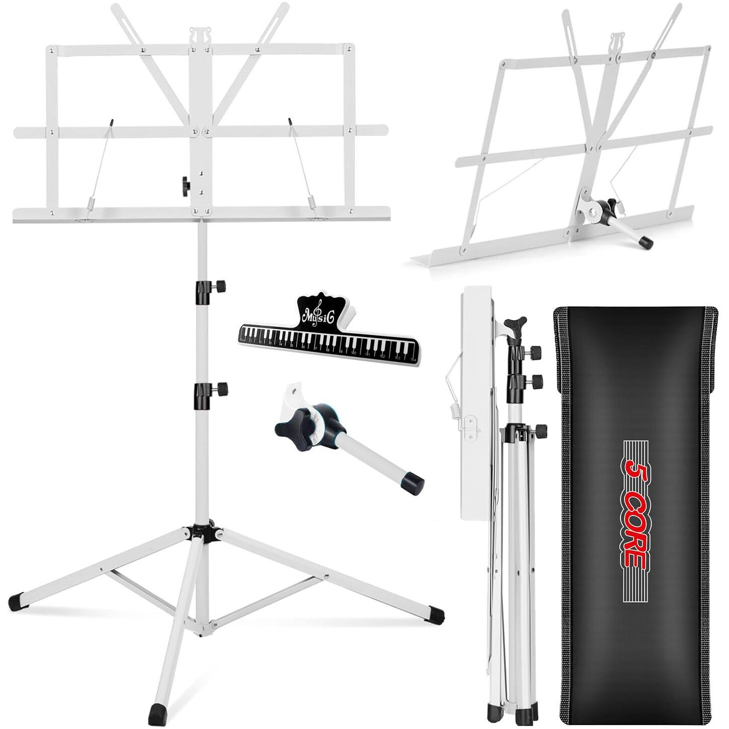5Core Music Stand For Sheet Music Portable Tripod Adjustable Folding Note Holder - MUS FLD WH