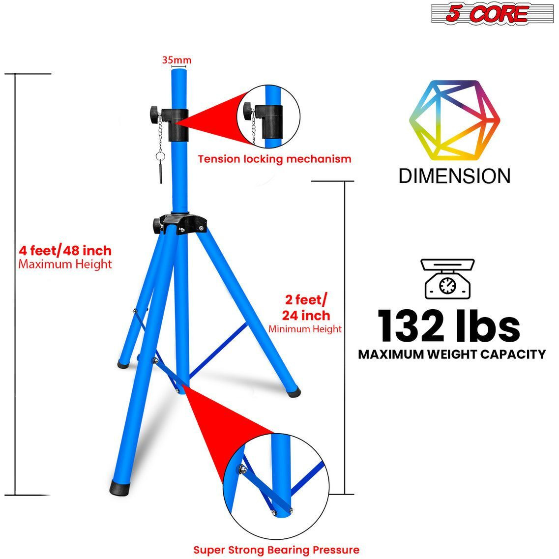 5 Core Speaker Stand Tripod Pair Floor Adjustable Up to 48 Inch DJ Studio Monitor Stands Short Pole Mount - SS HD 2PK SKY BLU 4FT BAG