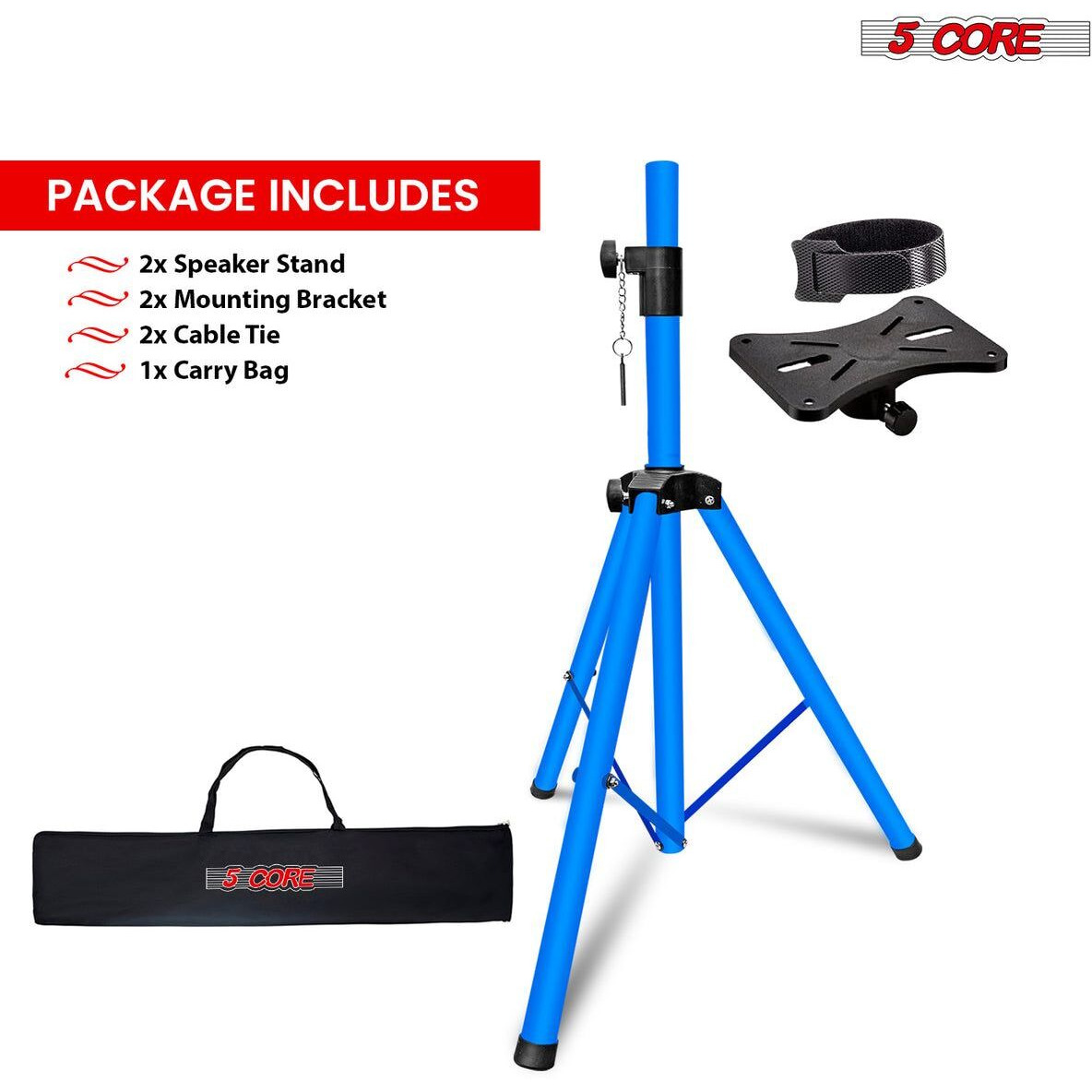 5 Core Speaker Stand Tripod Pair Floor Adjustable Up to 48 Inch DJ Studio Monitor Stands Short Pole Mount - SS HD 2PK SKY BLU 4FT BAG