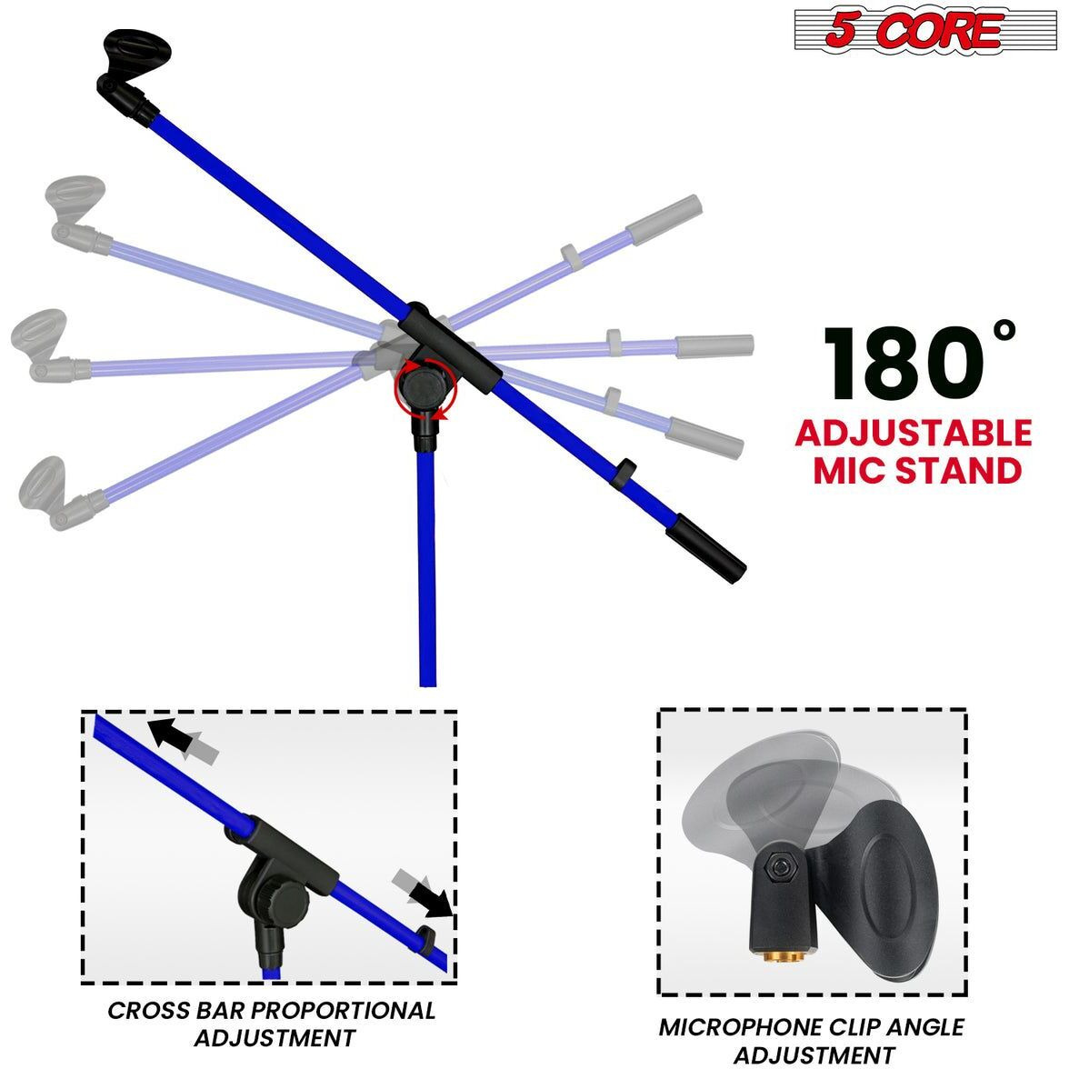 5 Core Tripod Mic Stand Floor Adjustable 18 to 72 Inches Sturdy Boom Arm Holder Microphone Stands Pedestal Para Microfono for Singing MS 080 SKY D-BLU