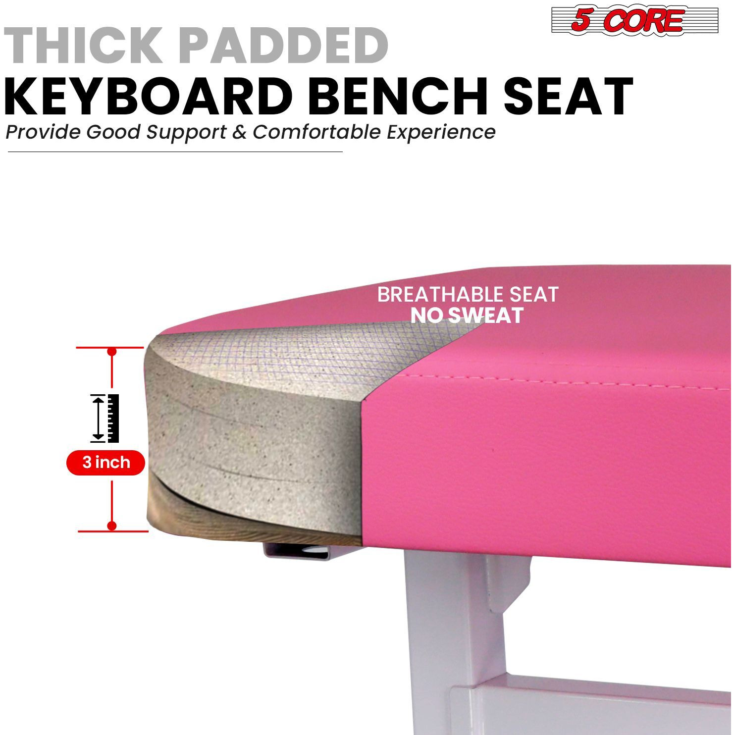 5 CORE Keyboard Bench Piano Stool T Style Pink Thick Padded Cushion Seat | Height Adjustable 17 to 22 inch | Keyboard Chair (PU Leather) KBB H-ADJ PNK