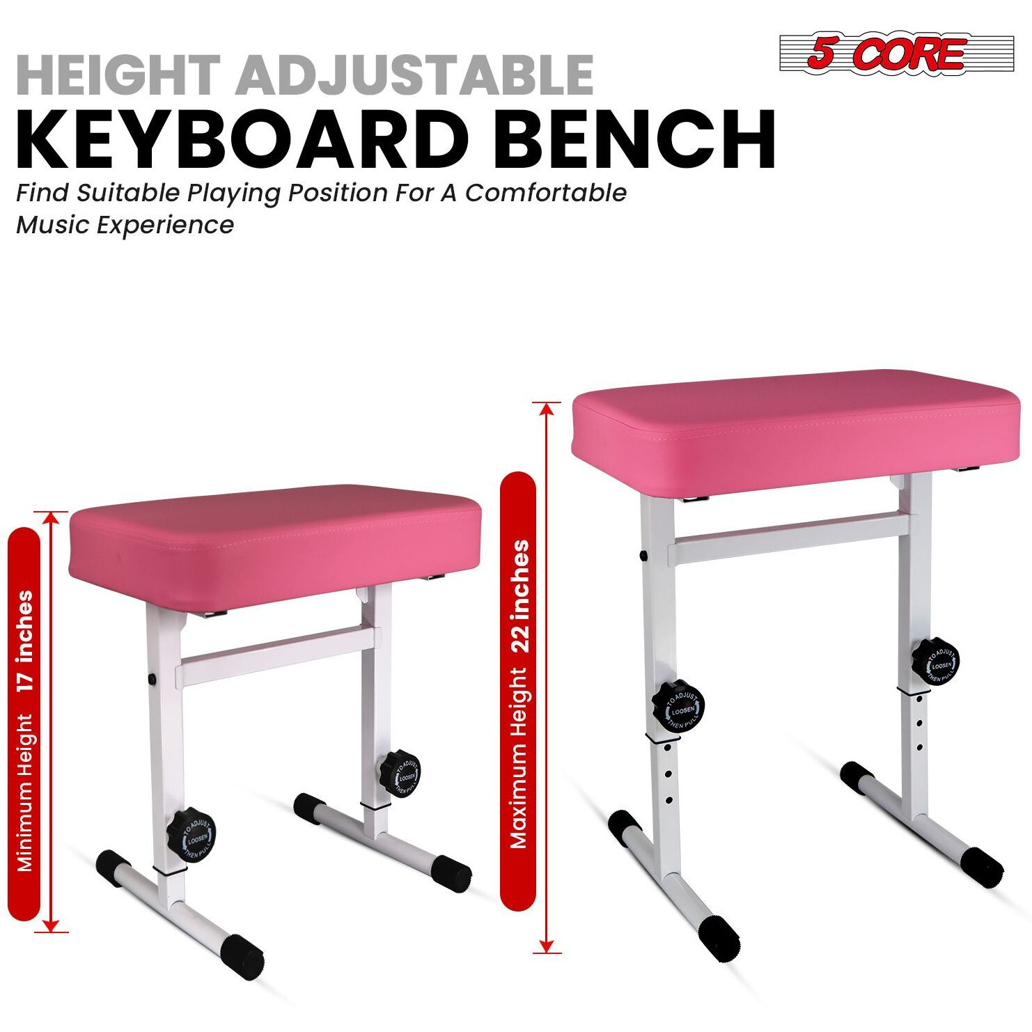 5 CORE Keyboard Bench Piano Stool T Style Pink Thick Padded Cushion Seat | Height Adjustable 17 to 22 inch | Keyboard Chair (PU Leather) KBB H-ADJ PNK