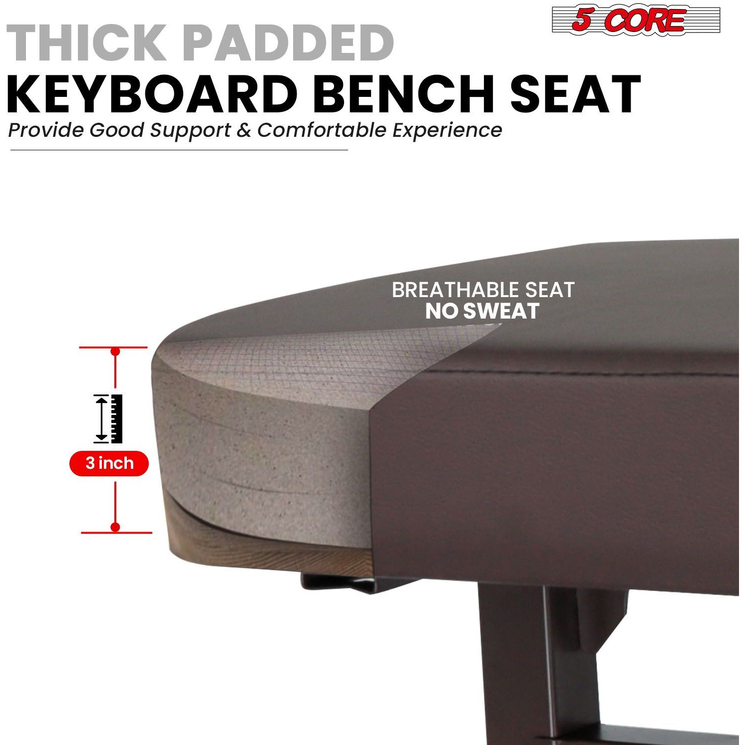 5 CORE Keyboard Bench Piano Stool T Style Brown Thick Padded Cushion Seat | Height Adjustable 17 to 22 inch | Keyboard Chair (PU Leather) KBB H-ADJ BR
