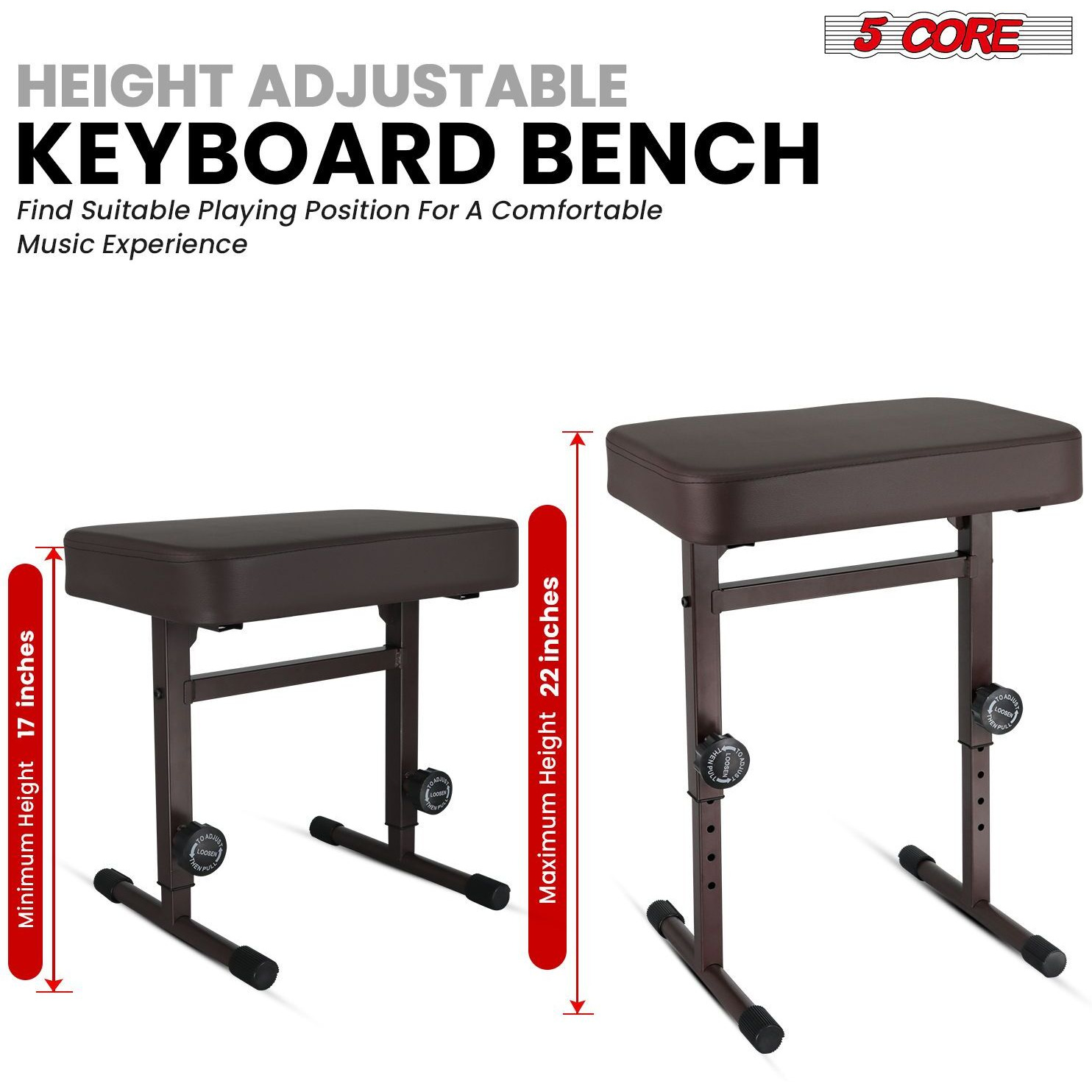 5 CORE Keyboard Bench Piano Stool T Style Brown Thick Padded Cushion Seat | Height Adjustable 17 to 22 inch | Keyboard Chair (PU Leather) KBB H-ADJ BR