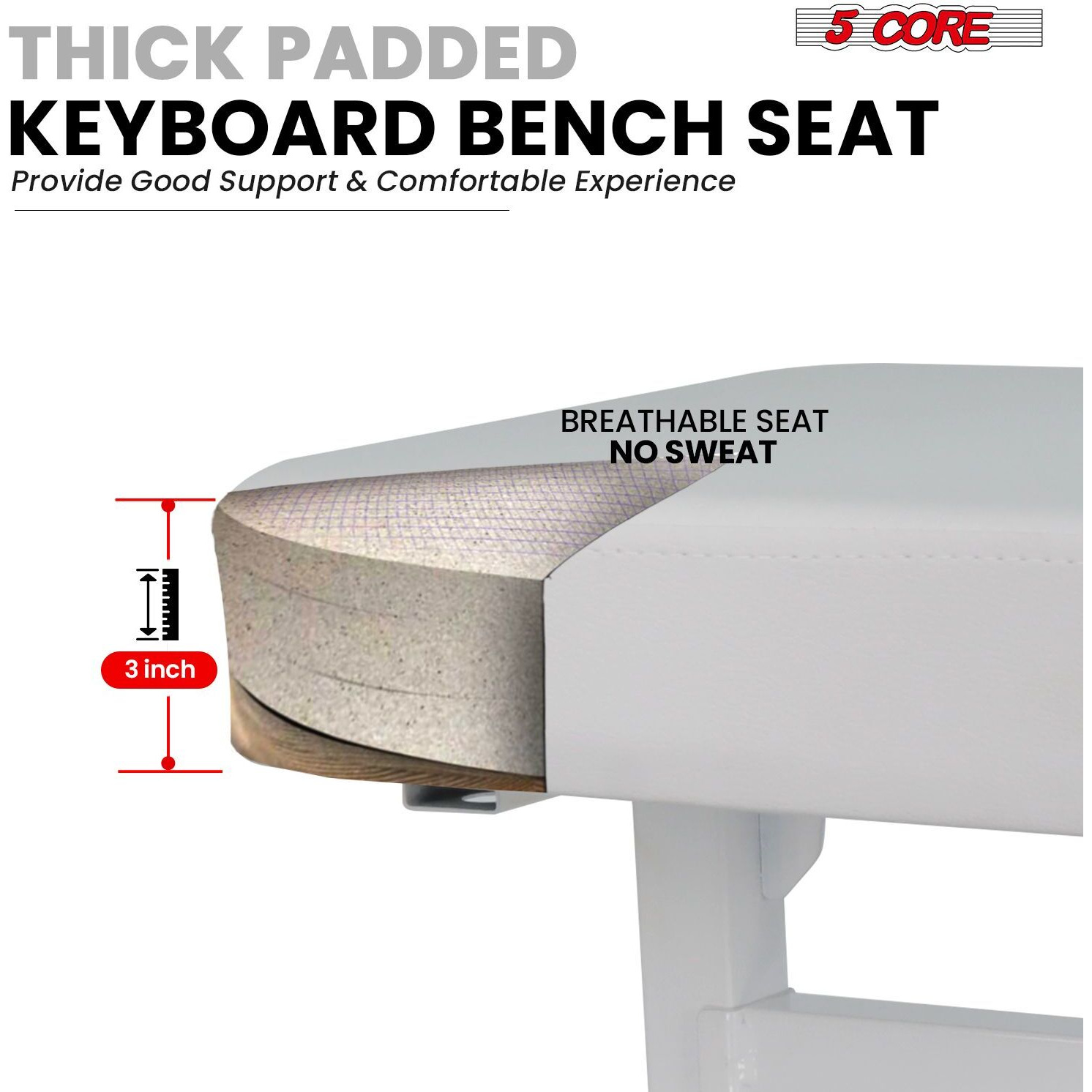 5 CORE Keyboard Bench Piano Stool T Style White Thick Padded Cushion Seat | Height Adjustable 17 to 22 inch | Keyboard Chair (PU Leather) KBB H-ADJ WH