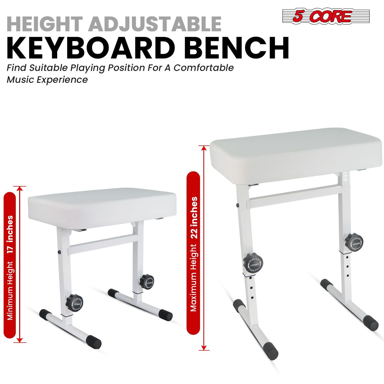 5 CORE Keyboard Bench Piano Stool T Style White Thick Padded Cushion Seat | Height Adjustable 17 to 22 inch | Keyboard Chair (PU Leather) KBB H-ADJ WH