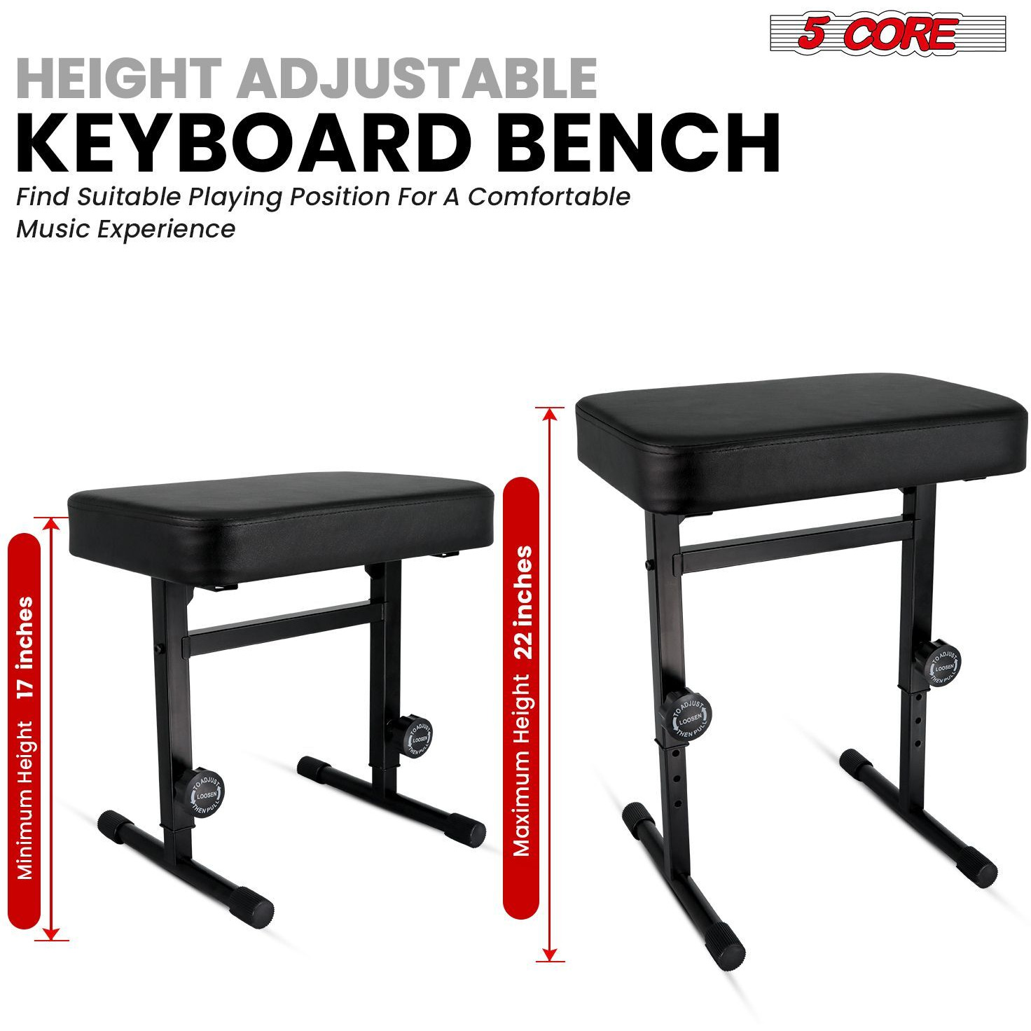 5 CORE Keyboard Bench Piano Stool T Style Black Thick Padded Cushion Seat | Height Adjustable 17 to 22 inch | Keyboard Chair (PU Leather) KBB H-ADJ BLK