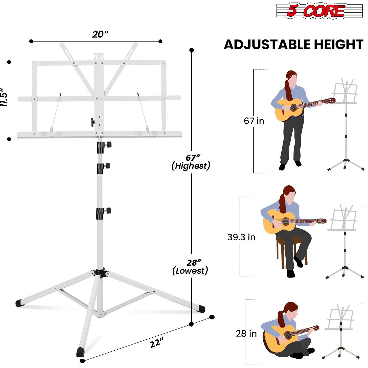 5 Core Music Stand 2 in 1 Dual Use Sheet Music Professional Portable Adjustable 27.6-67 Inch Folding Music Note Holder Tripod Stands - MUS FLD 4S