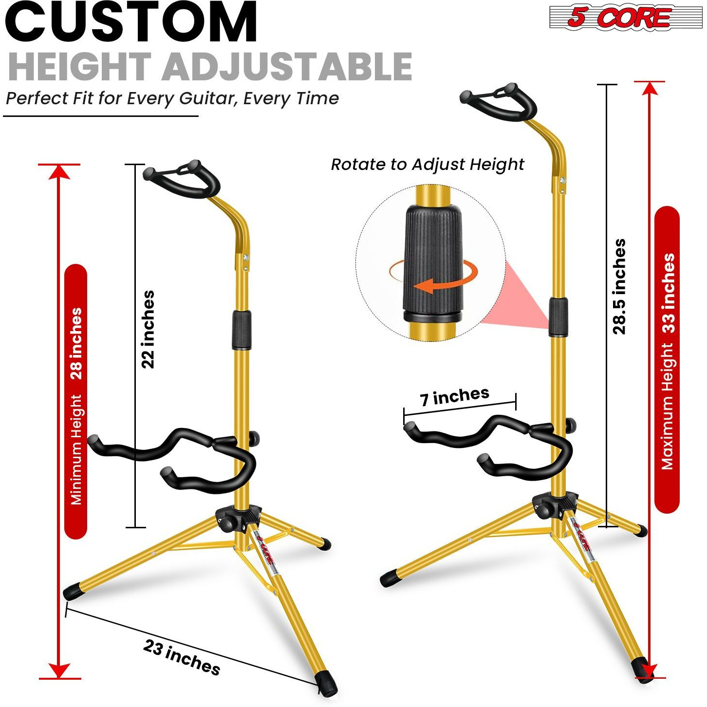 5 CORE Guitar Stand Floor Adjustable Heavy Duty Tripod Acoustic Electric Bass Cello Upright Folding Stands w Neck Holder For On Stage Studio - GSH HD YLW