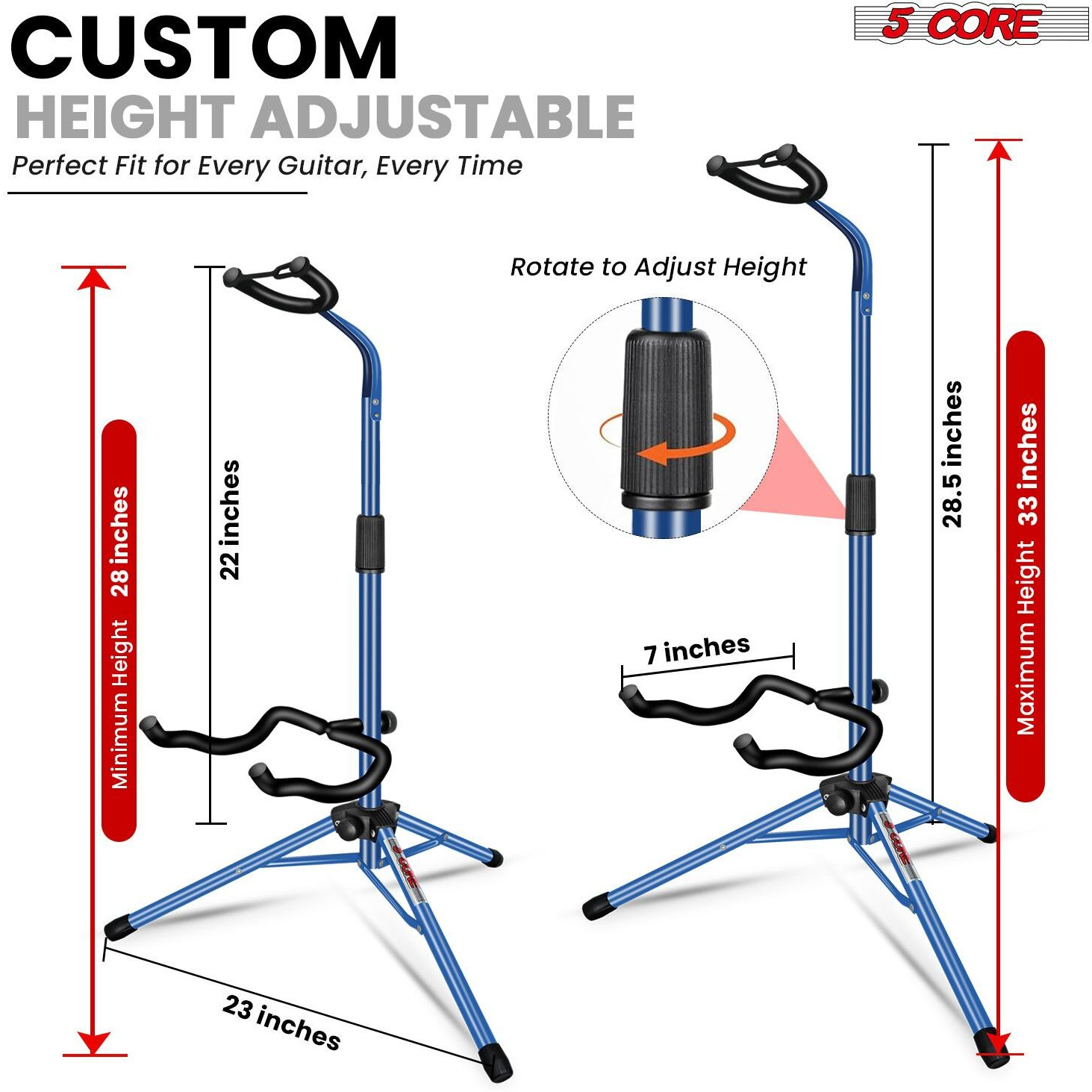 5 CORE Guitar Stand Floor Adjustable Heavy Duty Tripod Acoustic Electric Bass Cello Upright Folding Stands w Neck Holder For On Stage Studio - GSH HD D-BLU