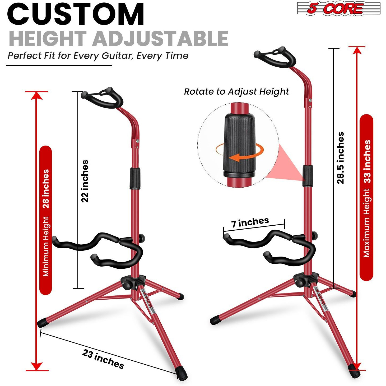 5 CORE Guitar Stand Floor Adjustable Heavy Duty Tripod Acoustic Electric Bass Cello Upright Folding Stands w Neck Holder For On Stage Studio - GSH HD RED