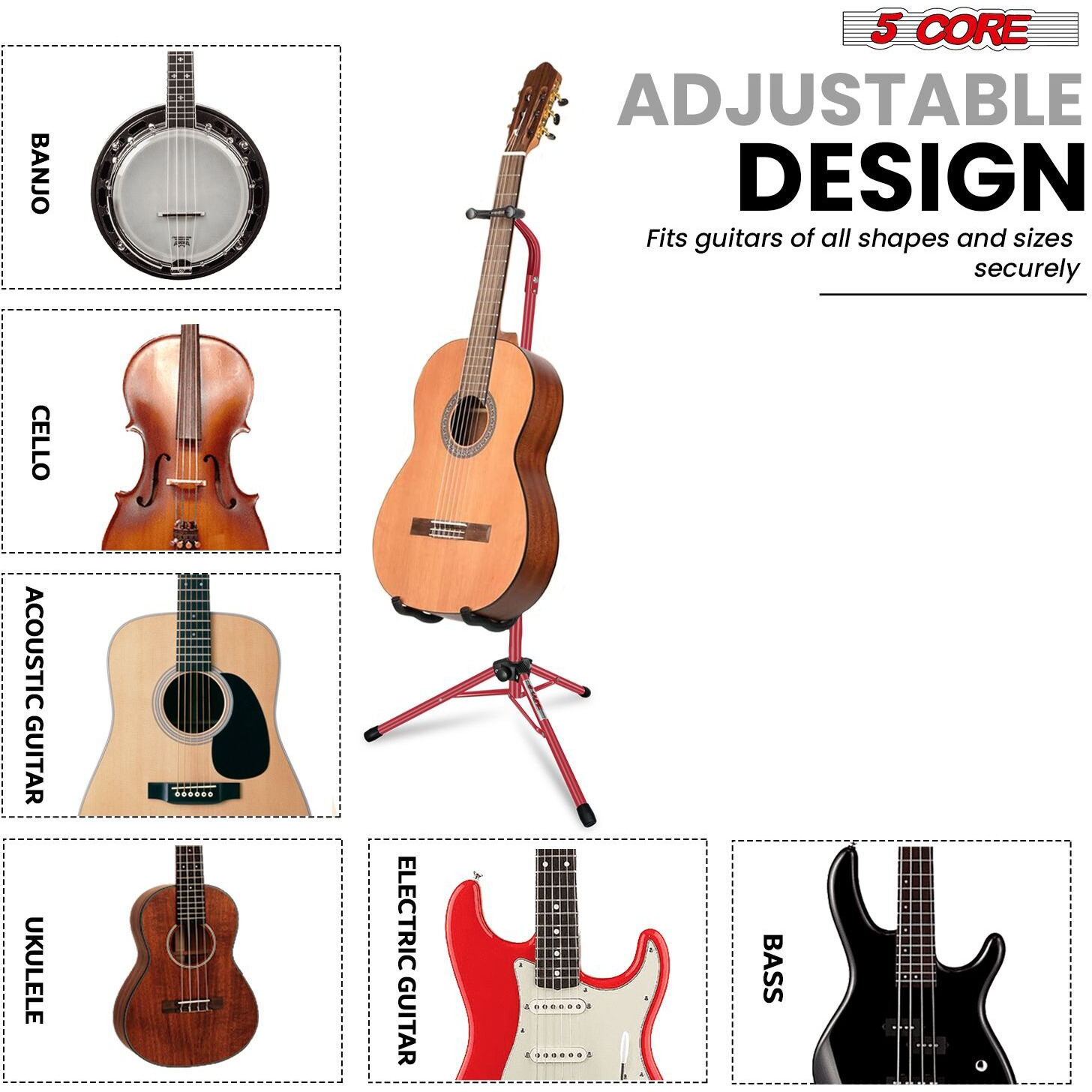 5 CORE Guitar Stand Floor Adjustable Heavy Duty Tripod Acoustic Electric Bass Cello Upright Folding Stands w Neck Holder For On Stage Studio - GSH HD RED