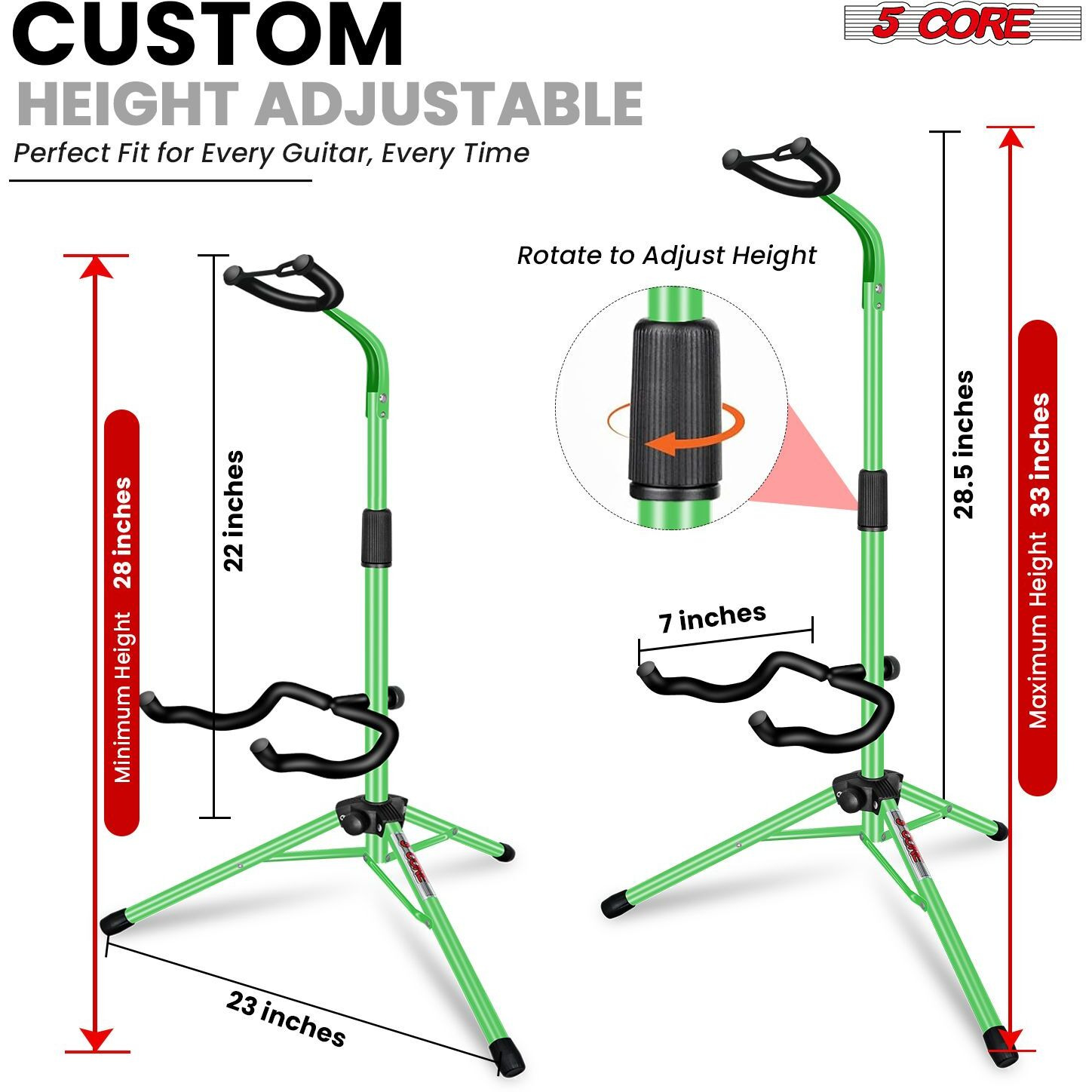 5 CORE Guitar Stand Floor Adjustable Heavy Duty Tripod Acoustic Electric Bass Cello Upright Folding Stands w Neck Holder For On Stage Studio - GSH HD GR