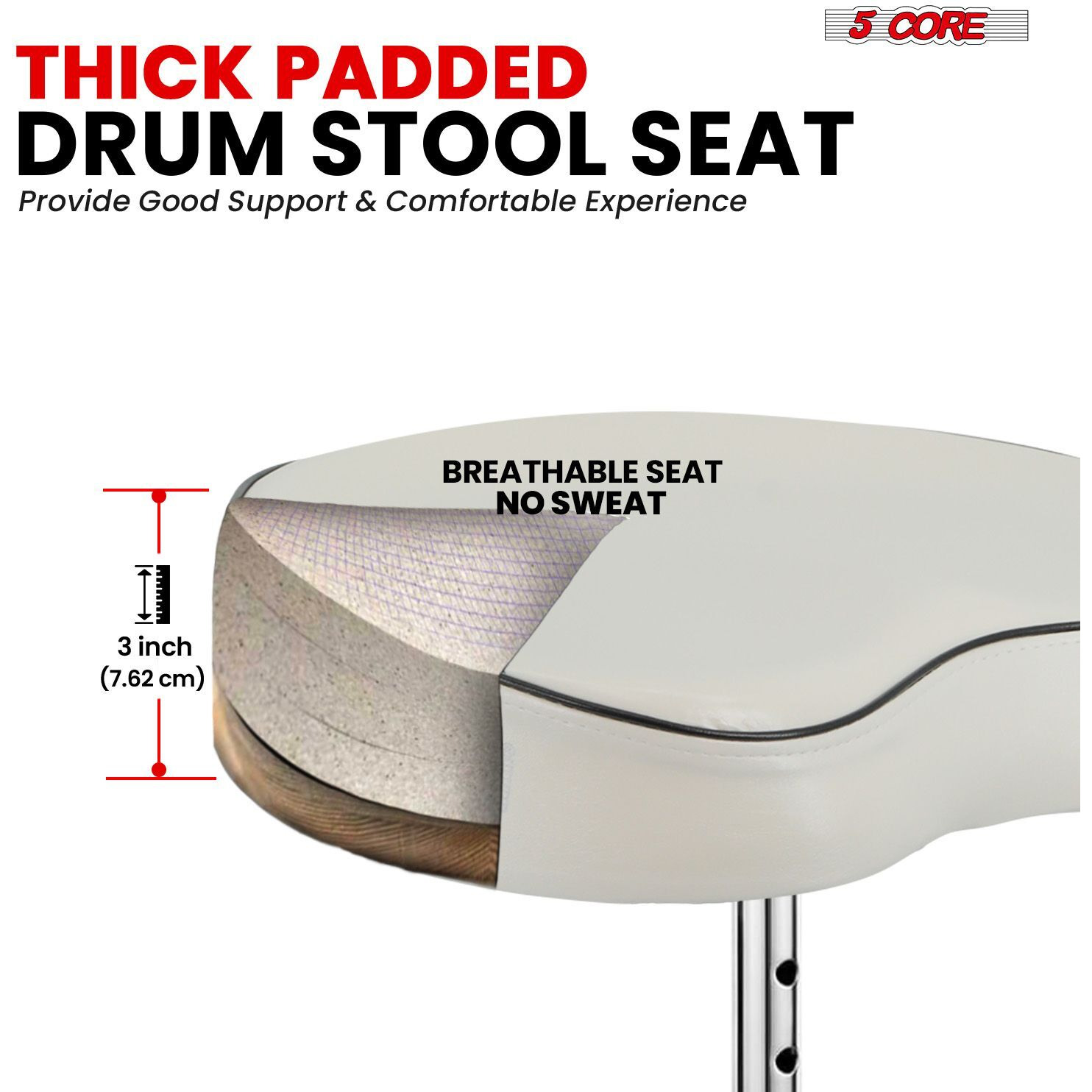 5 CORE Drum Throne Thick Padded Comfortable Guitar Stool with Memory Foam Adjustable Padded Keyboard Chair Metal Piano Stool Premium Musician Chair White DS CH WH SDL