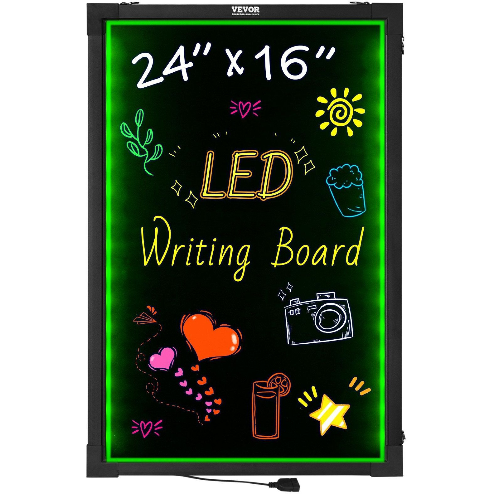 VEVOR LED Message Writing Board, 24&quotx16&quot Illuminated Erasable Lighted Chalkboard, Neon Effect Menu Sign Board, Drawing Board with 8 Fluorescent Chalk Markers and Remote Tested to UL Standards