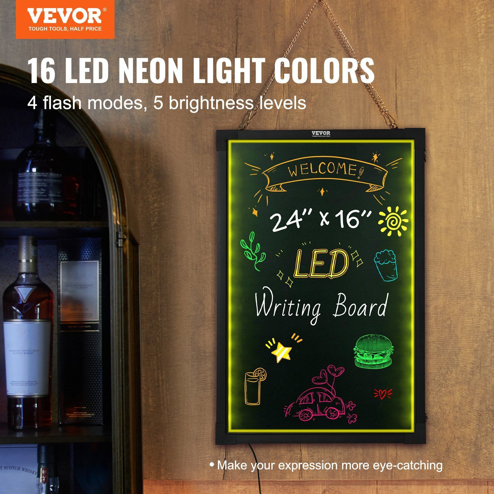 VEVOR LED Message Writing Board, 24&quotx16&quot Illuminated Erasable Lighted Chalkboard, Neon Effect Menu Sign Board, Drawing Board with 8 Fluorescent Chalk Markers and Remote Tested to UL Standards