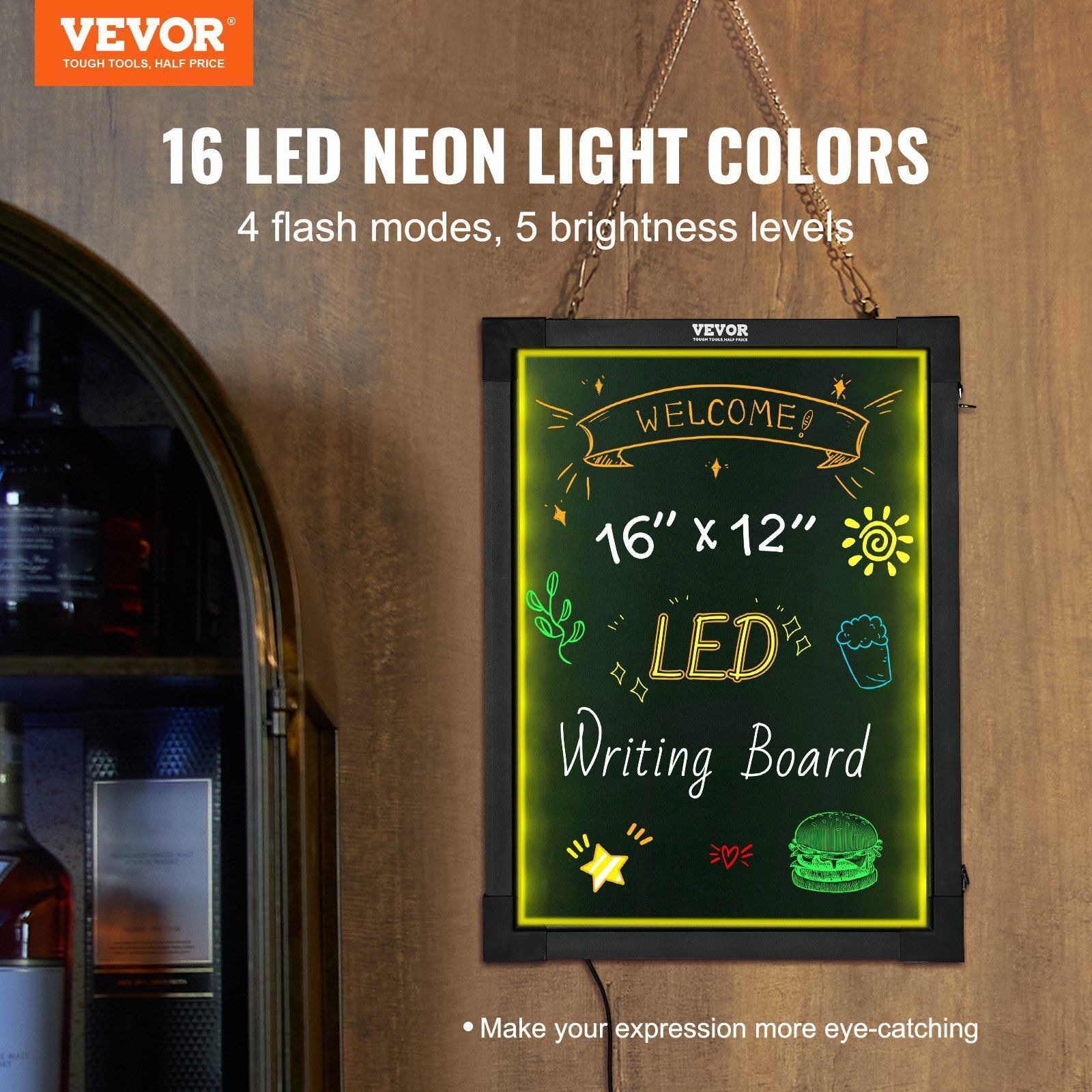 VEVOR LED Message Writing Board, 16&quotx12" Illuminated Erasable Lighted Chalkboard, Neon Effect Menu Sign Board, Drawing Board with 8 Fluorescent Chalk Markers and Remote Control, for Home Wedding Shop