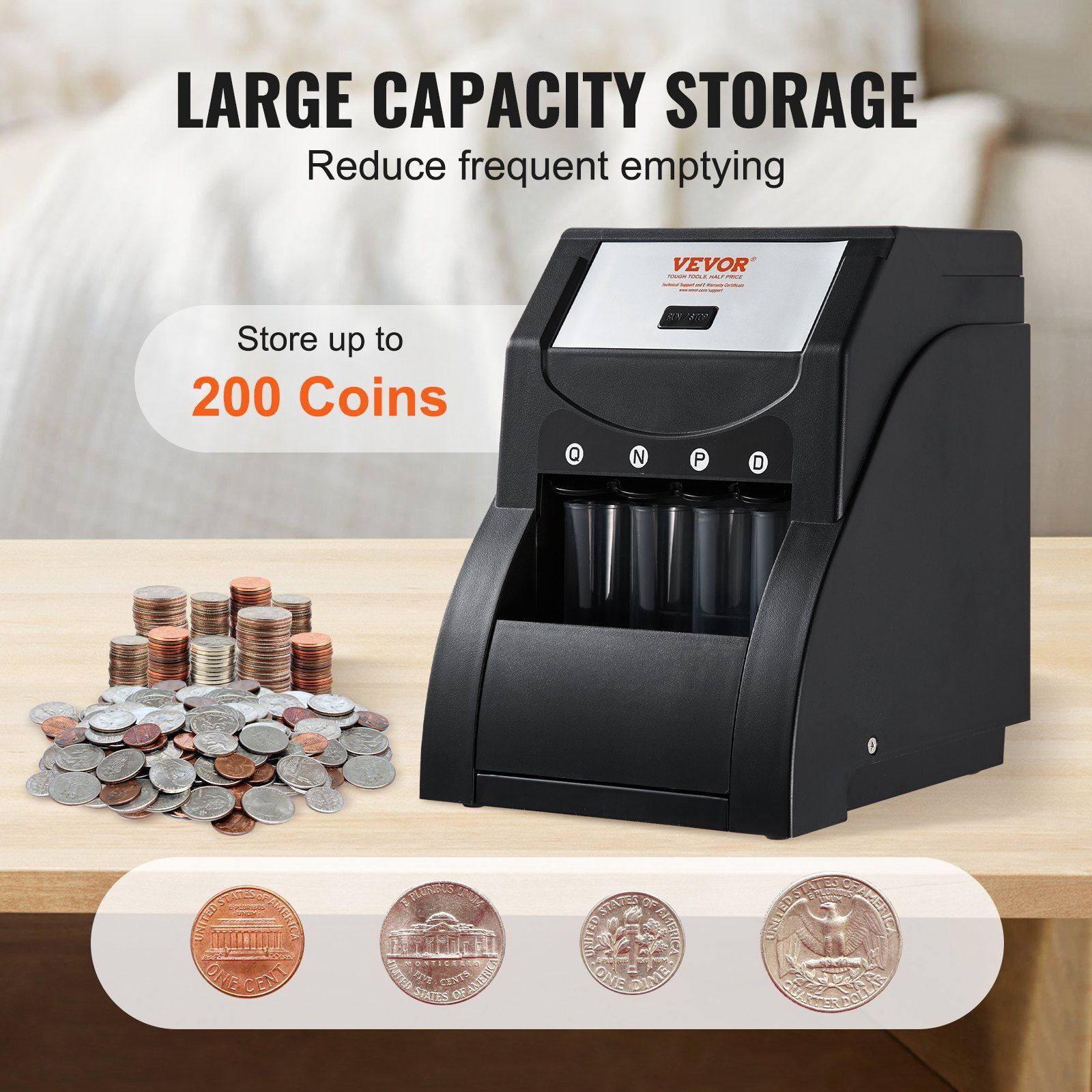 VEVOR USD Coin Sorter, Coin Sorter Machine for USD Coin 1 5 10 25, Sorts up to 230 Coins/min, Coin Sorter and Wrapper Machine Holds 200 Coins Included 4 Coin Tubes, Black