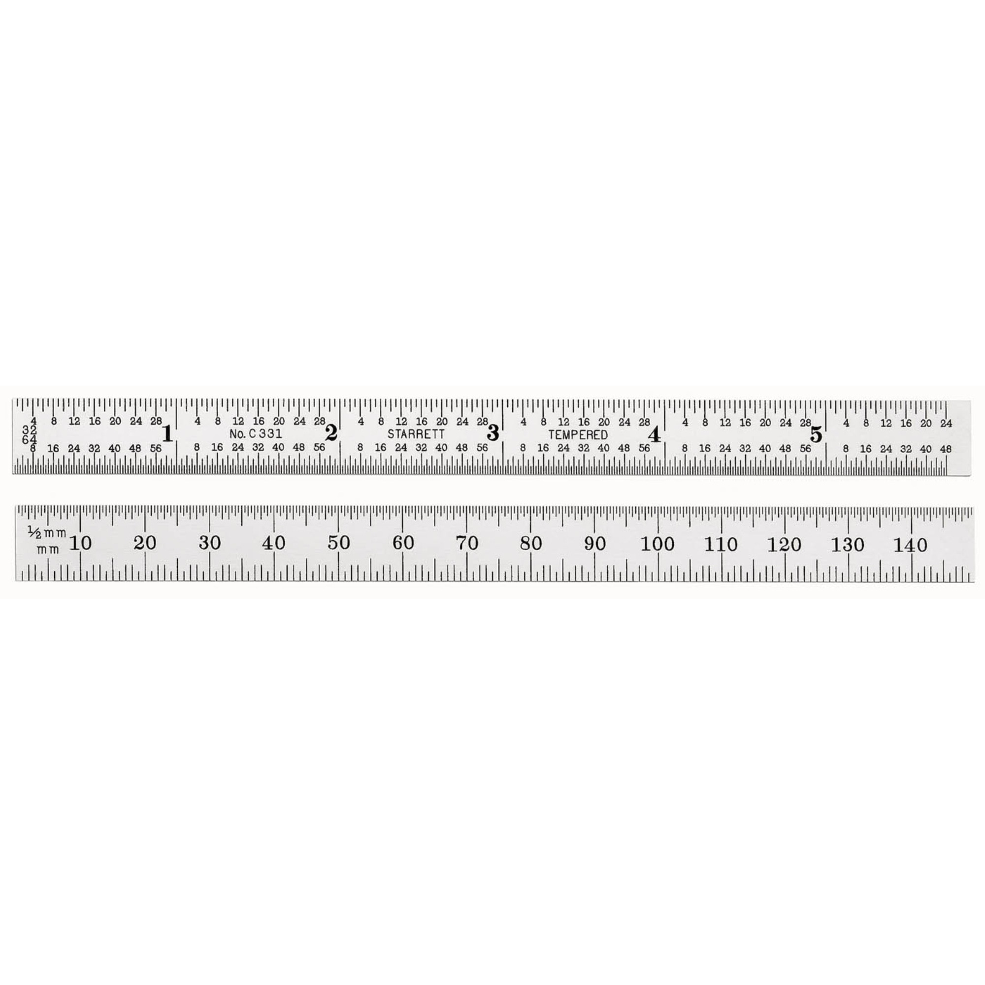 C331-150 150mm - 5-3/4" Full-Flexible Steel Rule - mm & Inch Graduations, 32nds & 64ths on One Side mm & 1/2mm Rev. Edges Graduated from Same End