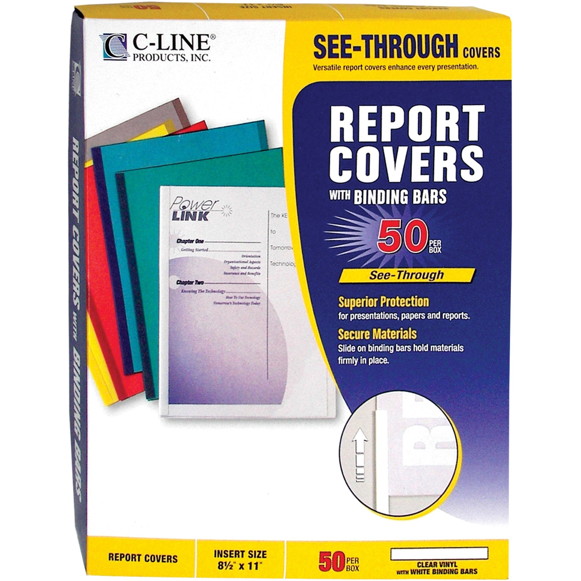 Vinyl Report Covers with Binding Bars, Clear, white binding bars, 11 x 8 1/2, 50/BX, 32557