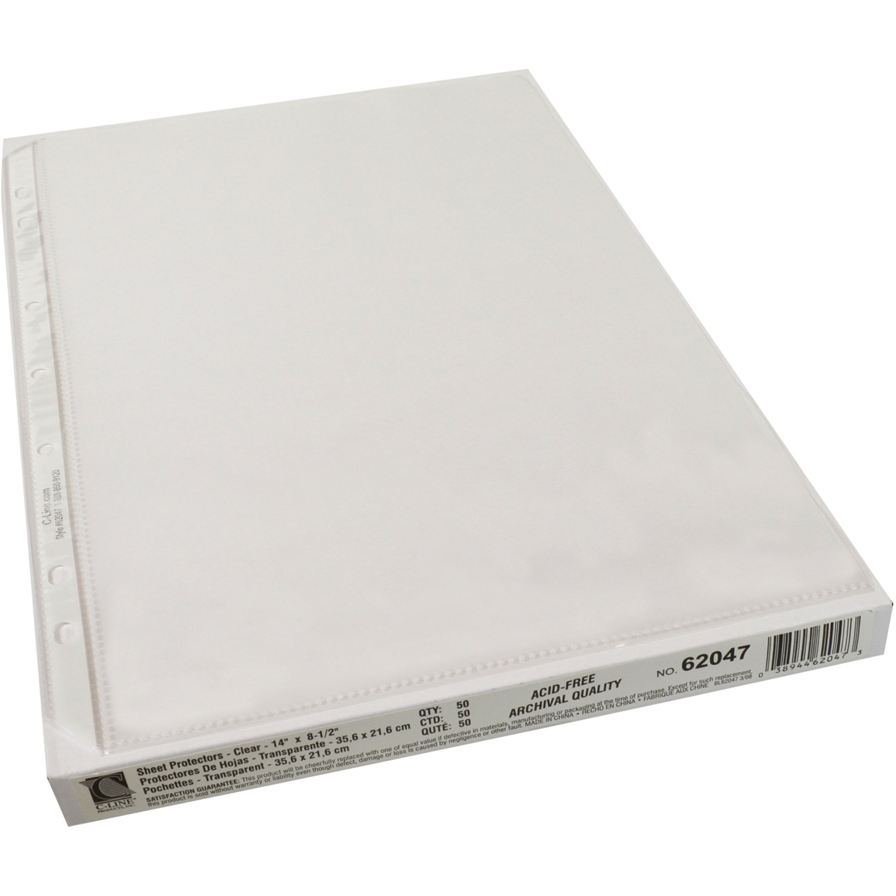 Heavyweight Polypropylene Sheet Protector, LEGAL clear, 7-hole punched for 3-ring or 4-ring binders, 14 x 8 1/2, 50/BX, 62047