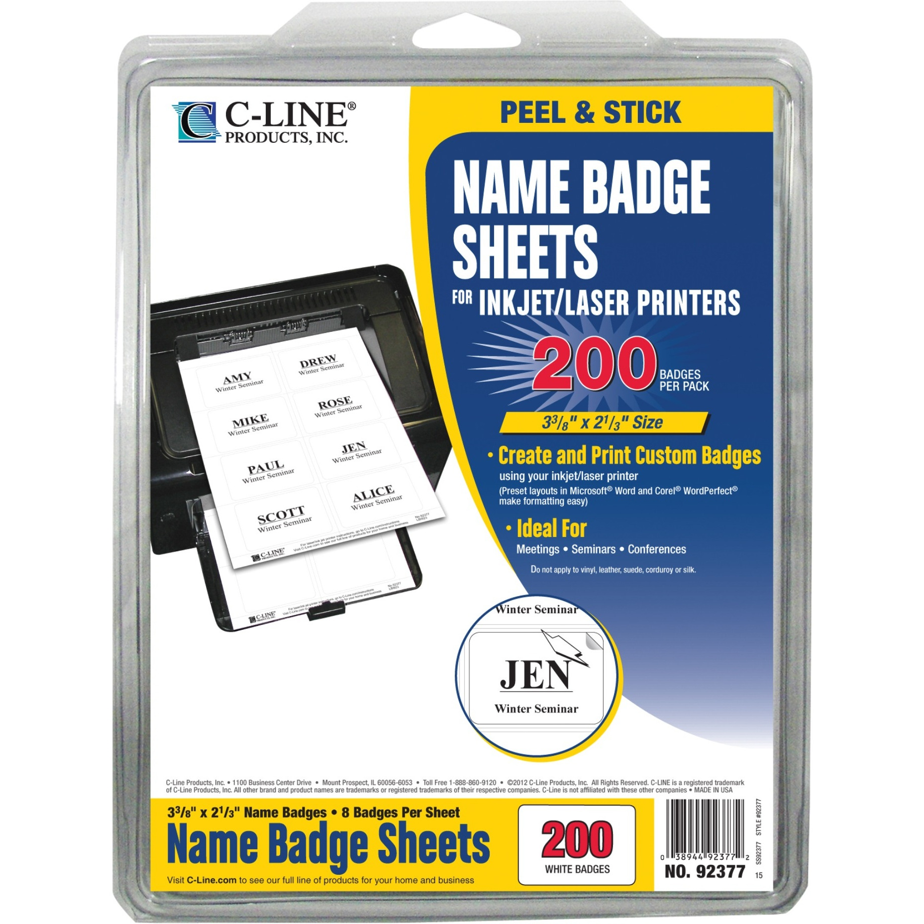 Laser Printer Name Badges, White, 8/Sheet, 3 3/8 x 2 1/3, 200/BX, 92377