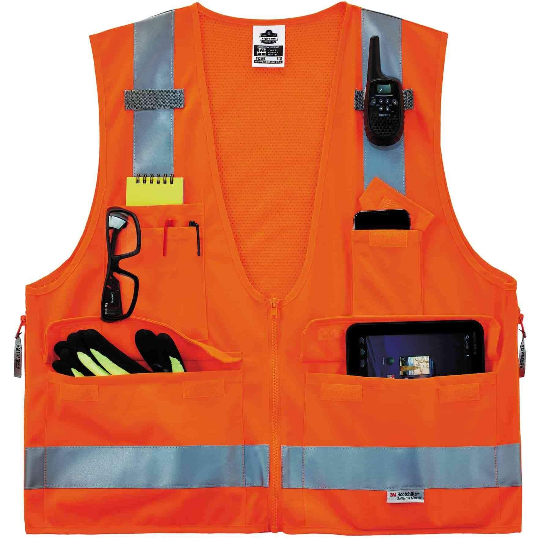 GloWear 8250Z Type R Class 2 Surveyors Vest - Pocket, Mic Tab, Reflective - Large/Extra Large Size - Zipper Closure - Poly, Mesh - Orange - 1 Each