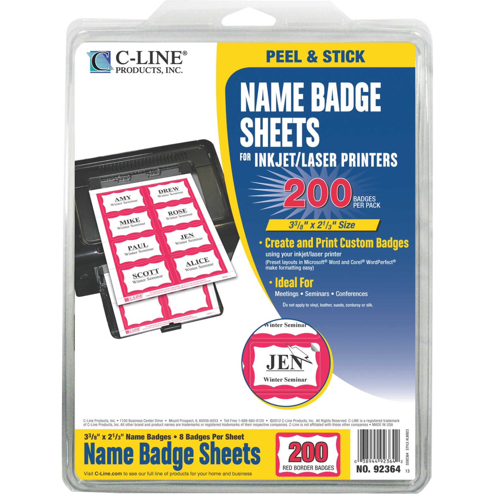 Laser Printer Name Badges, Red Border, 8/Sheet, 3 3/8 x 2 1/3, 200/BX, 92364