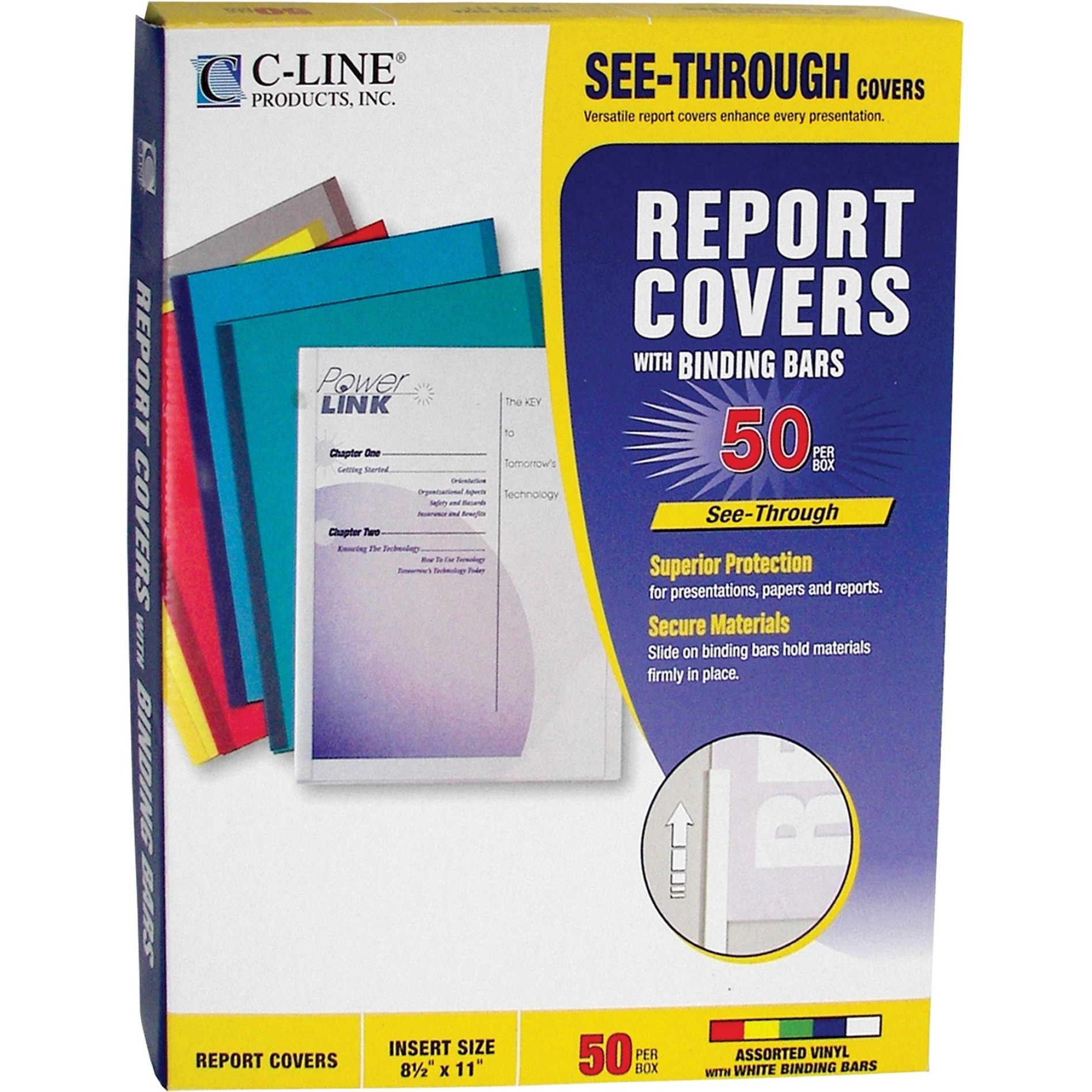 Vinyl Report Covers with Binding Bars, assorted, white binding bars, 11 x 8 1/2, 50/BX, 32550