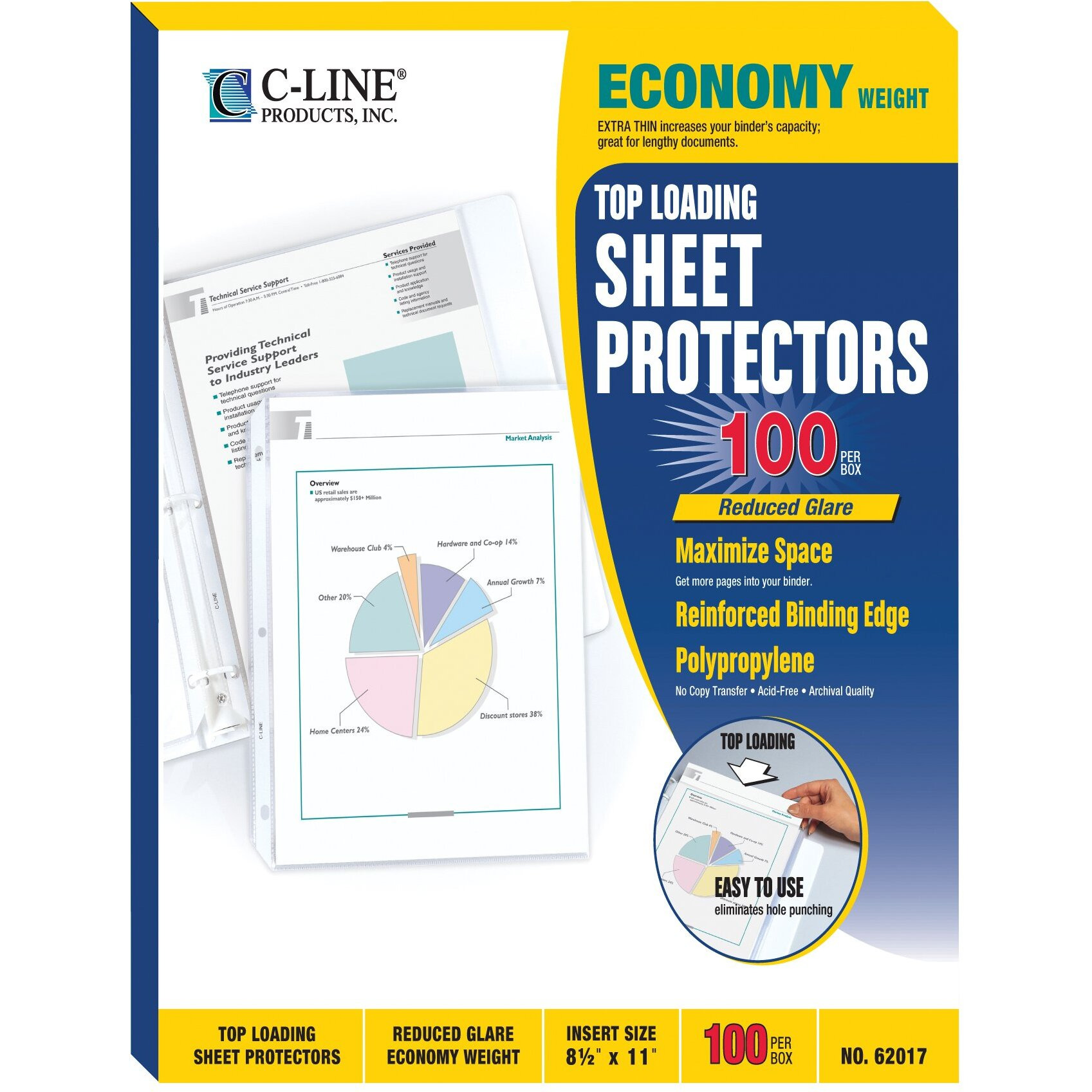 Economy Weight Polypropylene Sheet Protector, reduced glare, 11 x 8 1/2, 100/BX, 62017