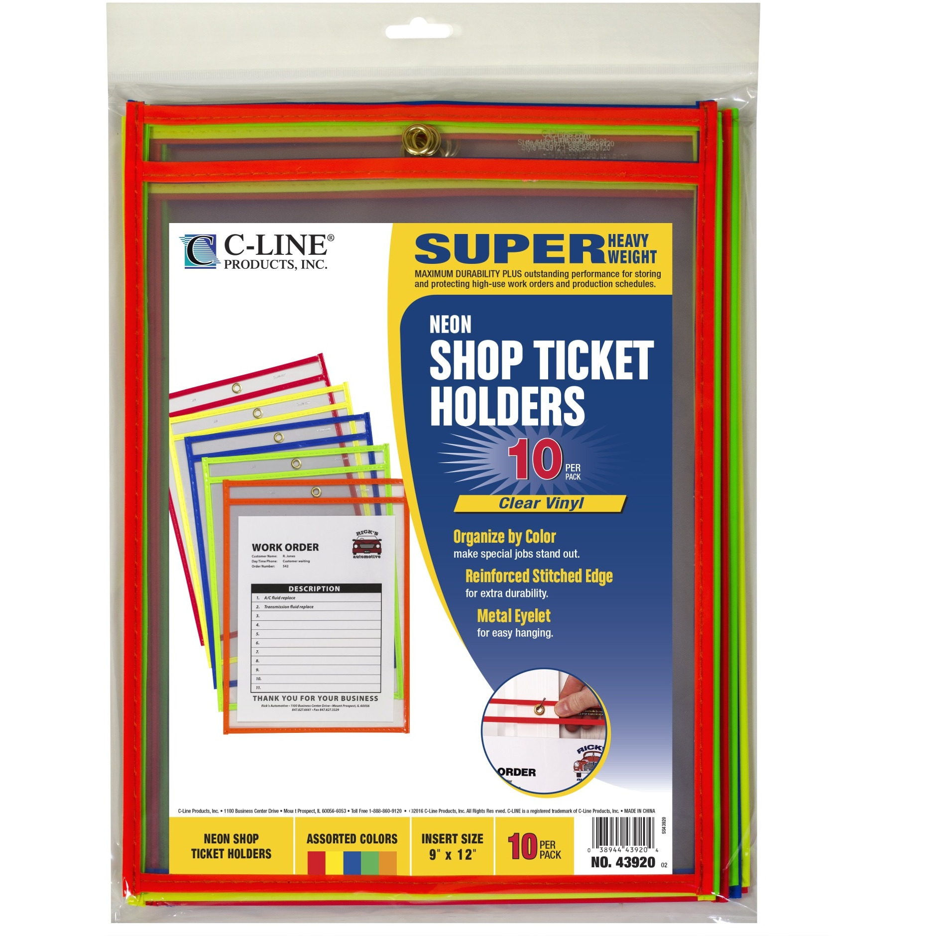 Stitched Shop Ticket Holder, Neon Assorted 5 color, 9 x 12, 10/PK, 43920