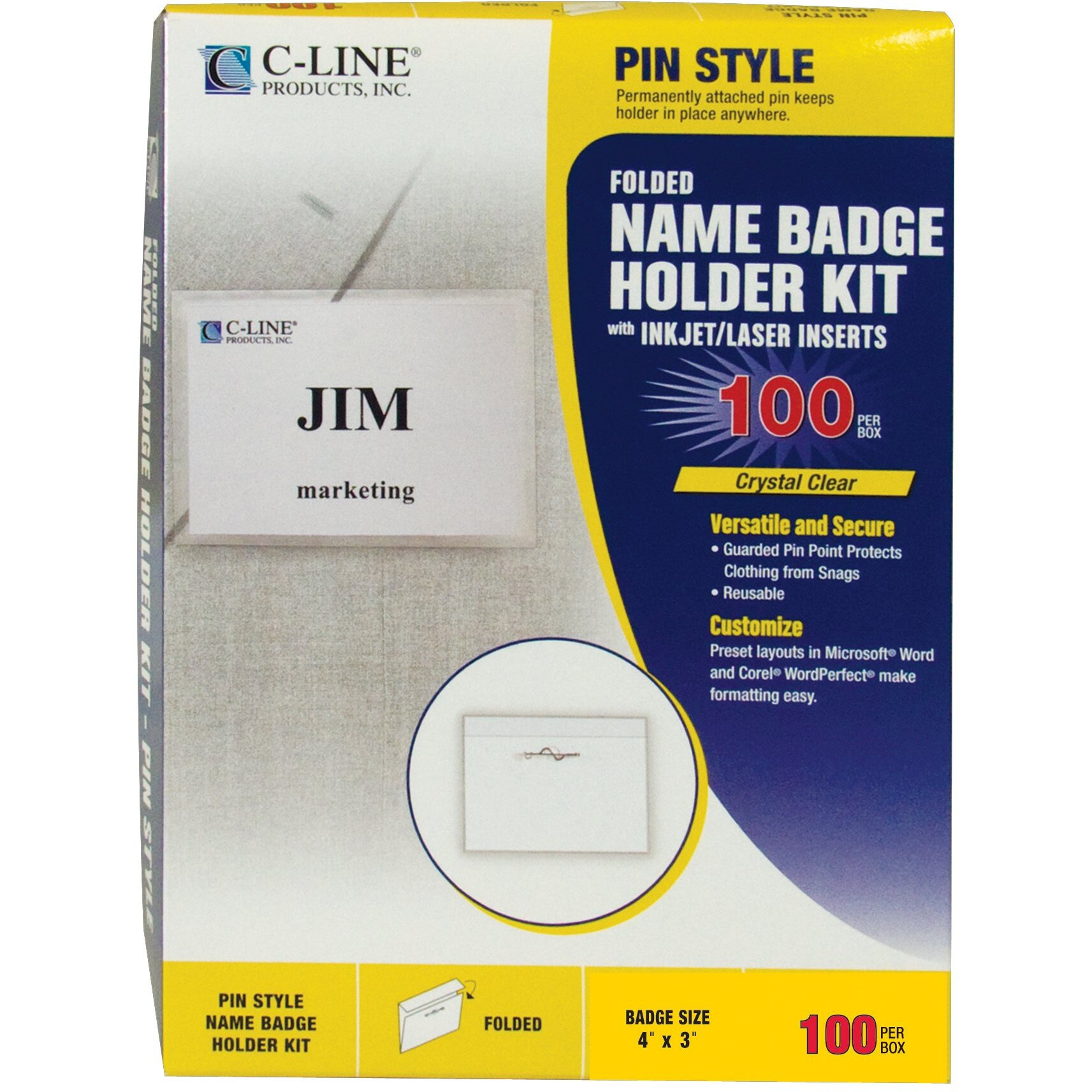 Pin Style Name Badges, Kit with inserts, clear, 4 x 3, 100/BX, 94043