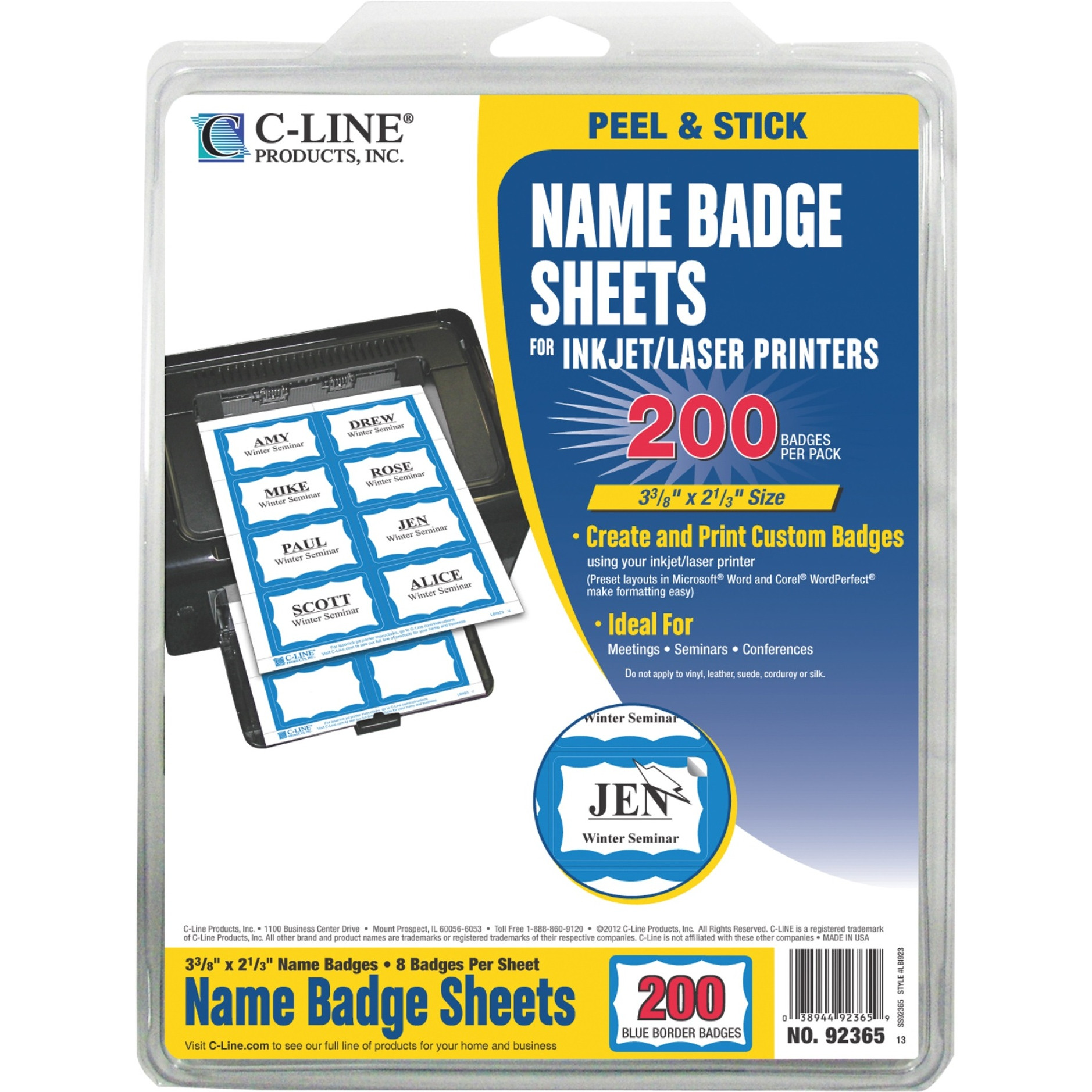 Laser Printer Name Badges, Blue Border, 8/Sheet, 3 3/8 x 2 1/3, 200/BX, 92365