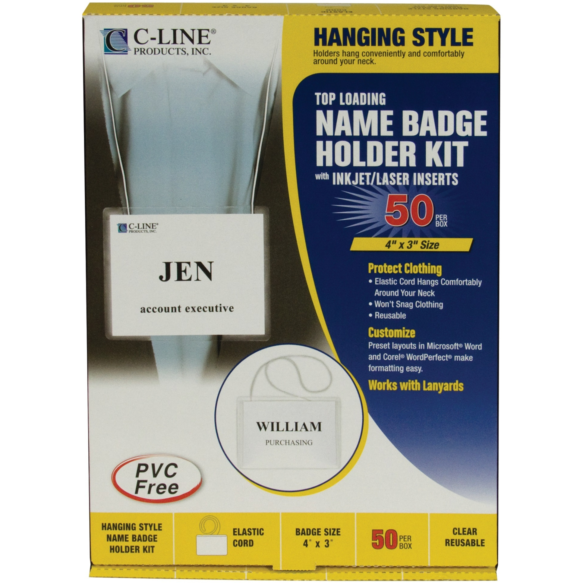 Hanging Style Name Badge Kit w/White Elastic Cord, Sealed with Inserts, 4 x 3, 50/BX, 96043