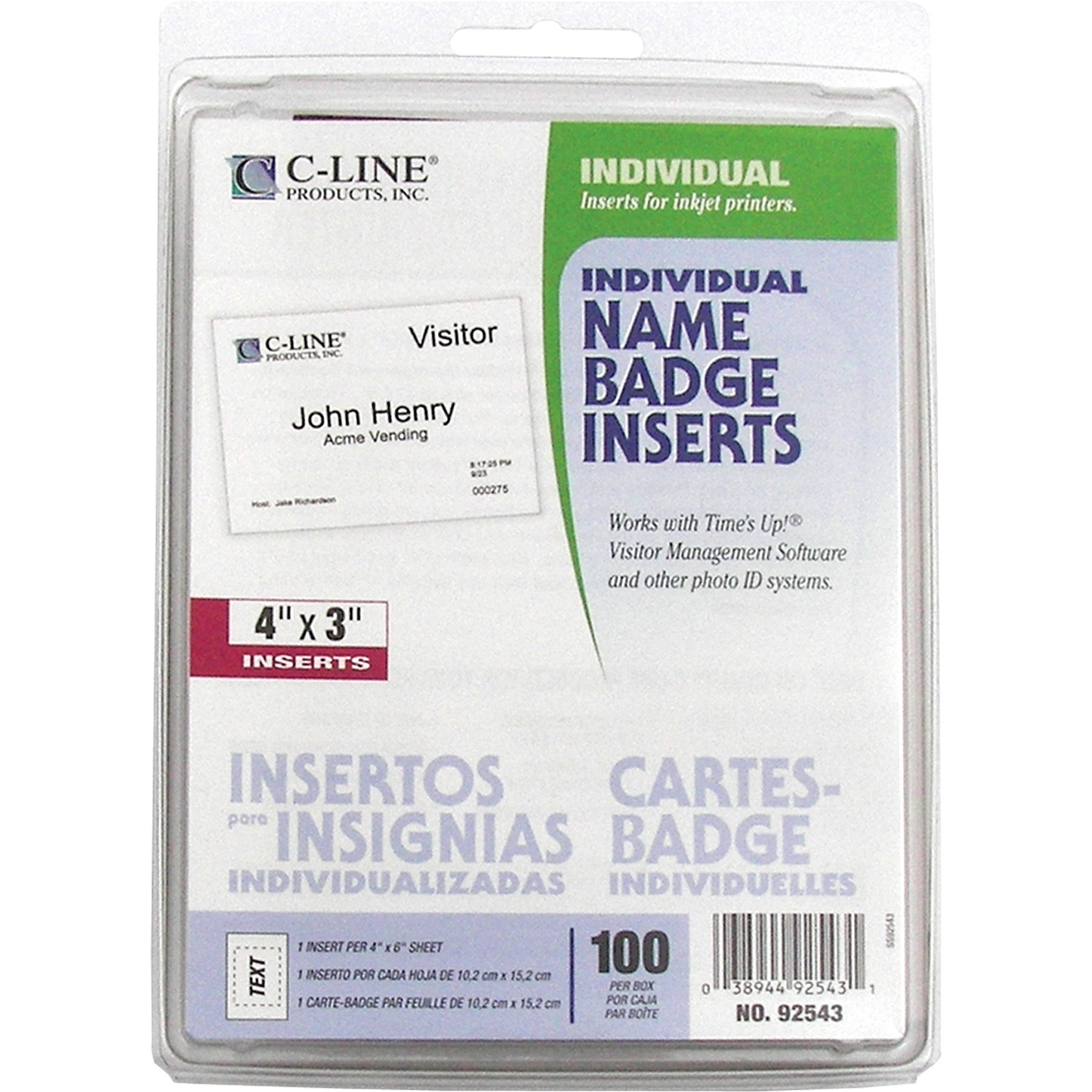 Individual Inkjet Printer Name Badge Inserts, 4 x 3 on 4 x 6 sheet, 100/BX, 92543
