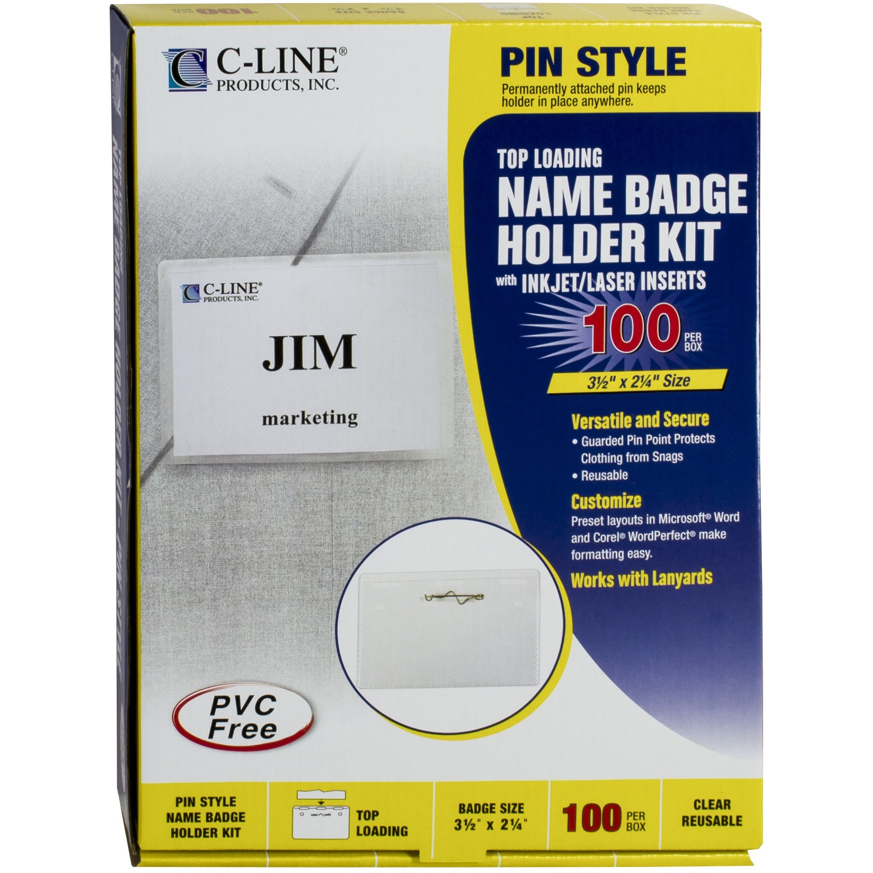 Pin Style Name Badges, Kit with inserts, clear, 3 1/2 x 2 1/4, 100/BX, 94223
