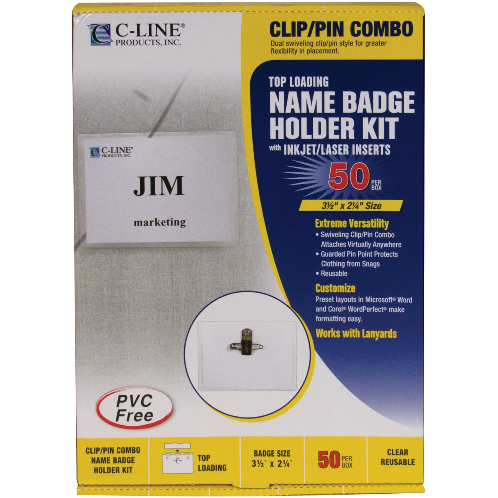 Clip/Pin Combo Style Name Badges, Sealed with inserts, 3.5 x 2.25, 50/BX, 95723