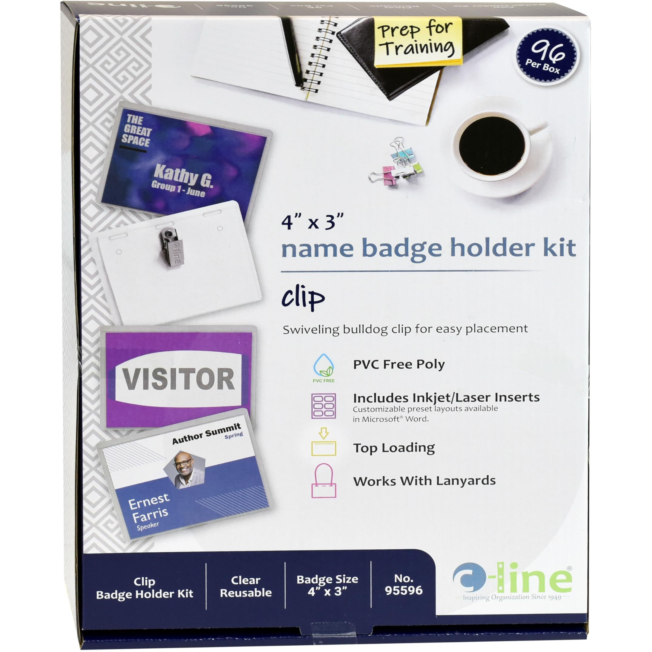 Clip Style Name Badge Holders, Sealed with inserts, 4 x 3, 96/BX, 95596